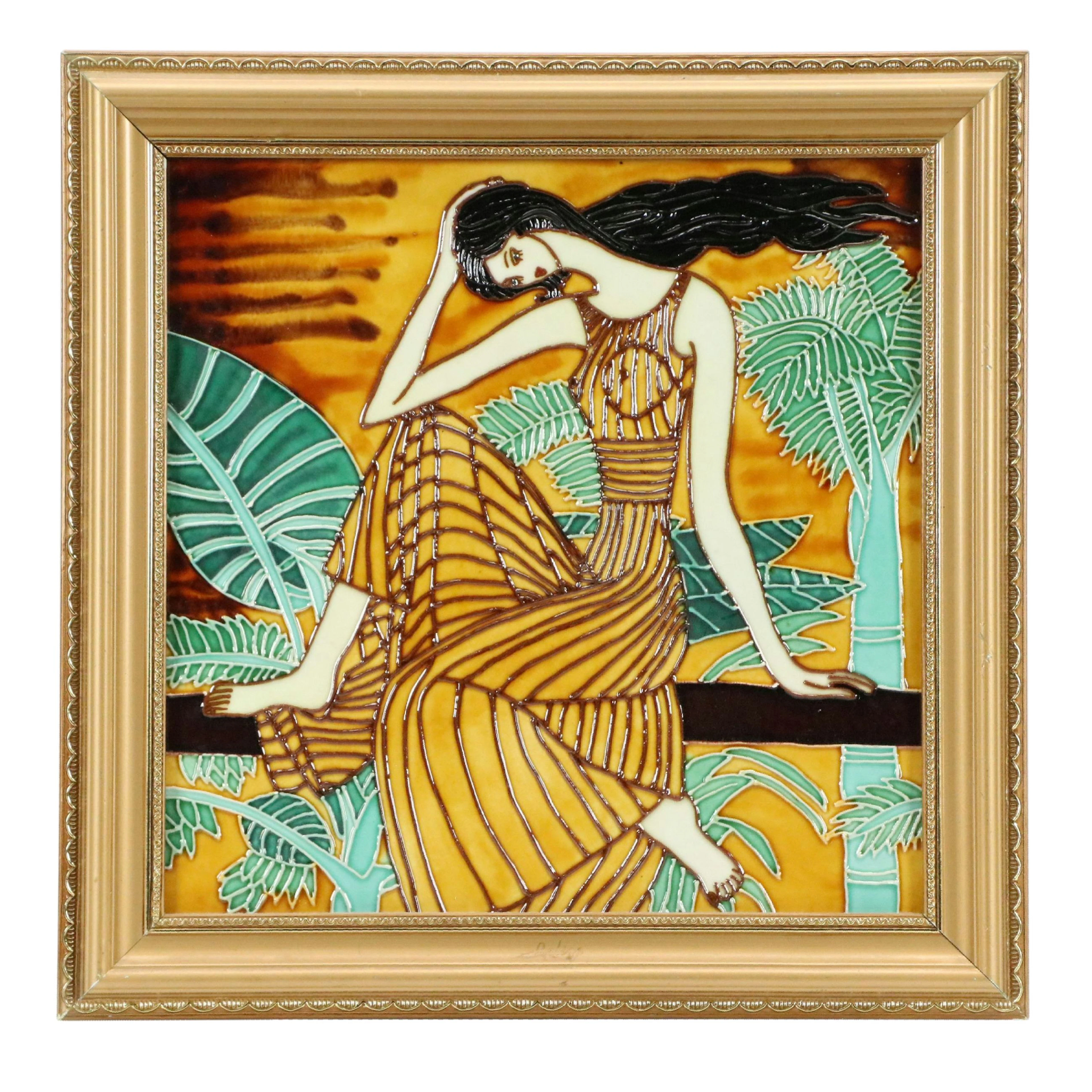Chinese Enameled Porcelain of Seated Woman with Foliage, Late 20th Century