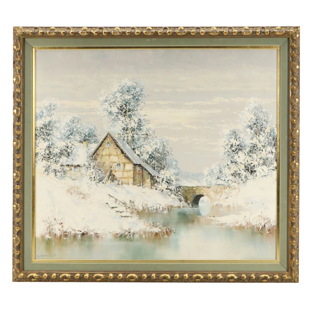 Willi Bauer Oil Painting of Rural Winter Scene, Mid-20th Century