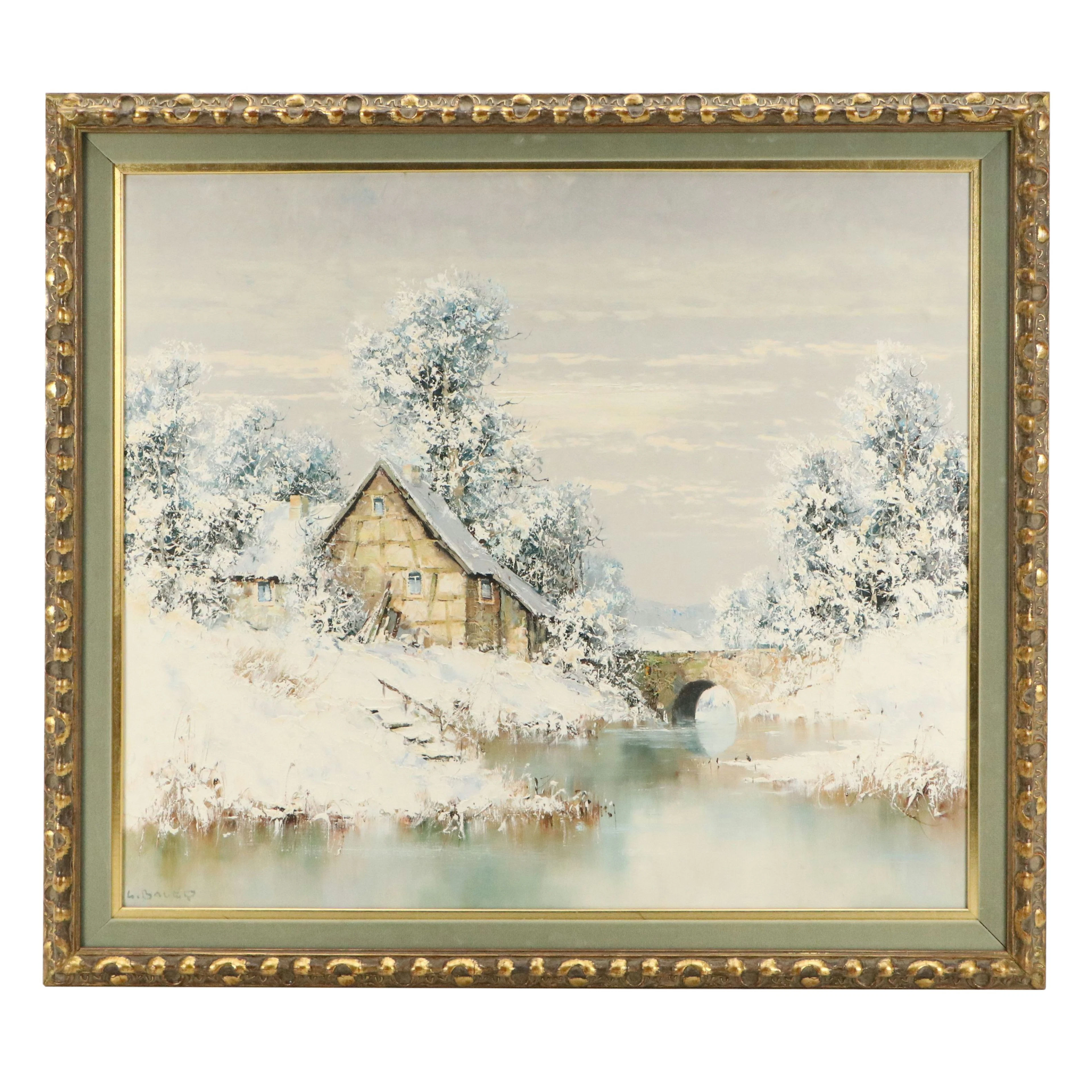 Willi Bauer Oil Painting of Rural Winter Scene, Mid-20th Century