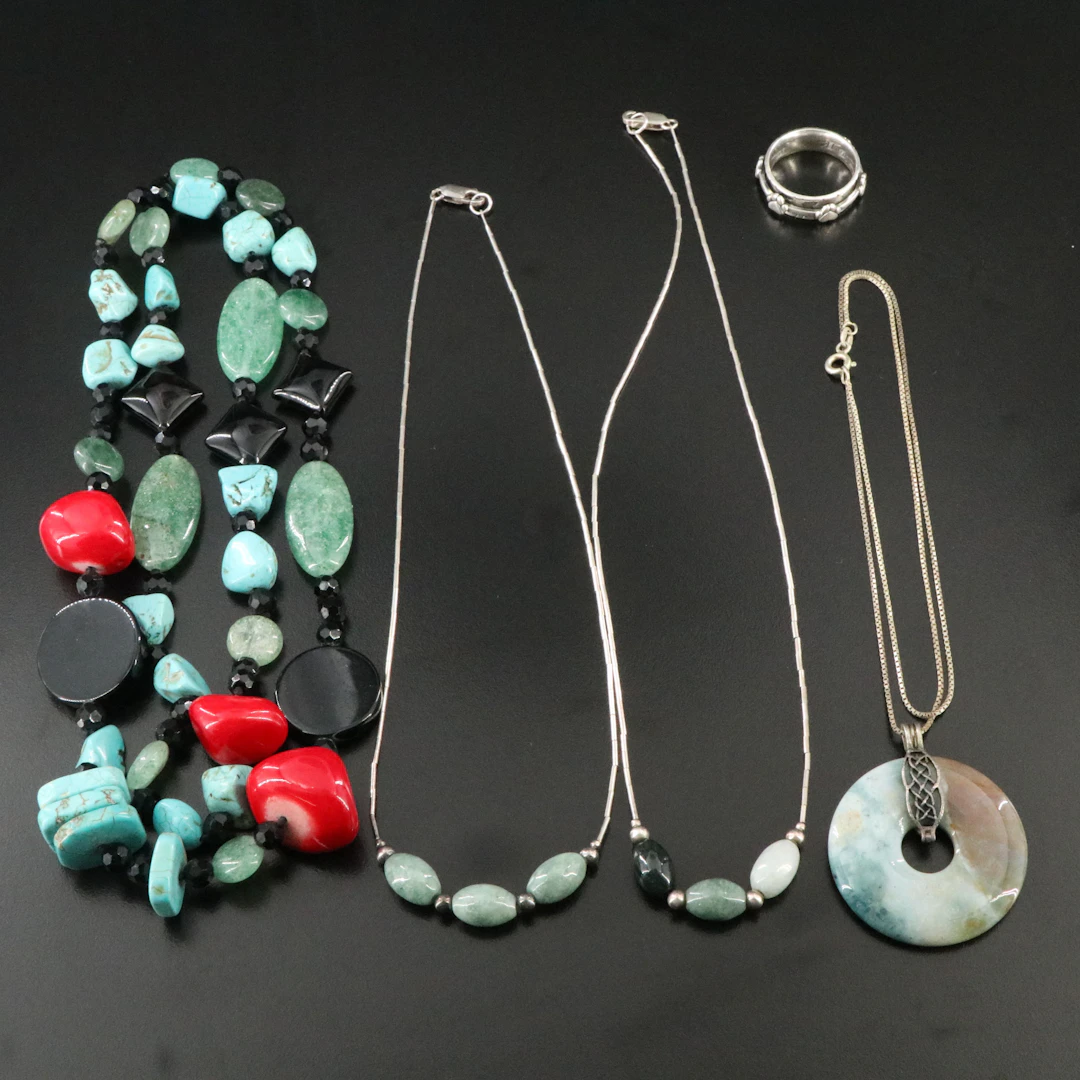Aventurine, Howlite, and Sterling Featured in Necklaces and Spinner Ring