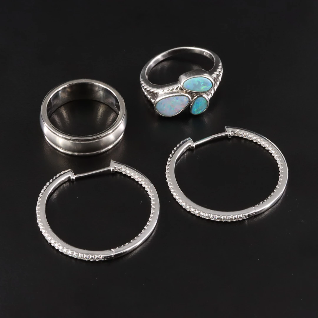 Sterling Boulder Opal Ring, CZ Earrings and a Titanium Band