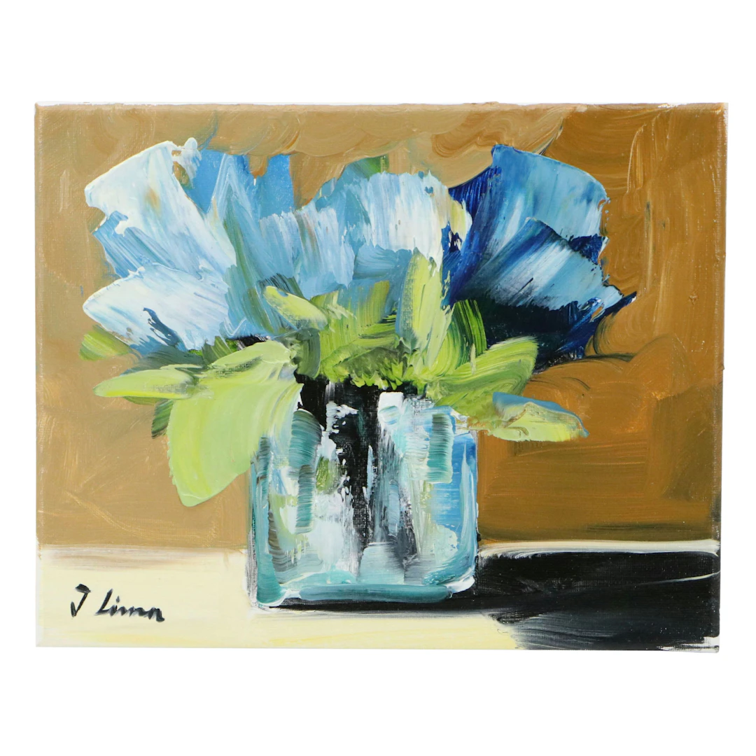 José Lima Floral Still Life Oil Painting of Blue Flowers, 2026