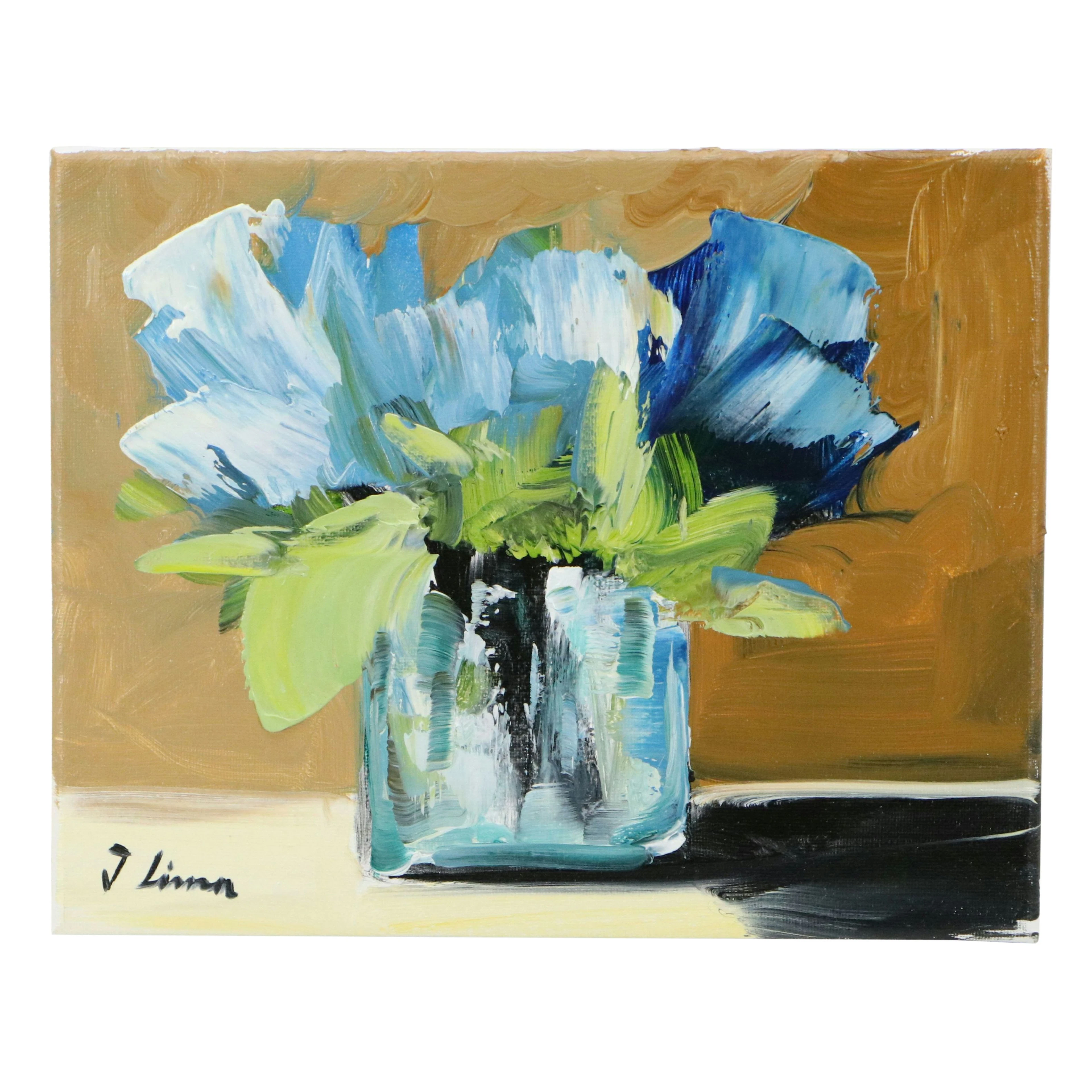 José Lima Floral Still Life Oil Painting of Blue Flowers, 2026