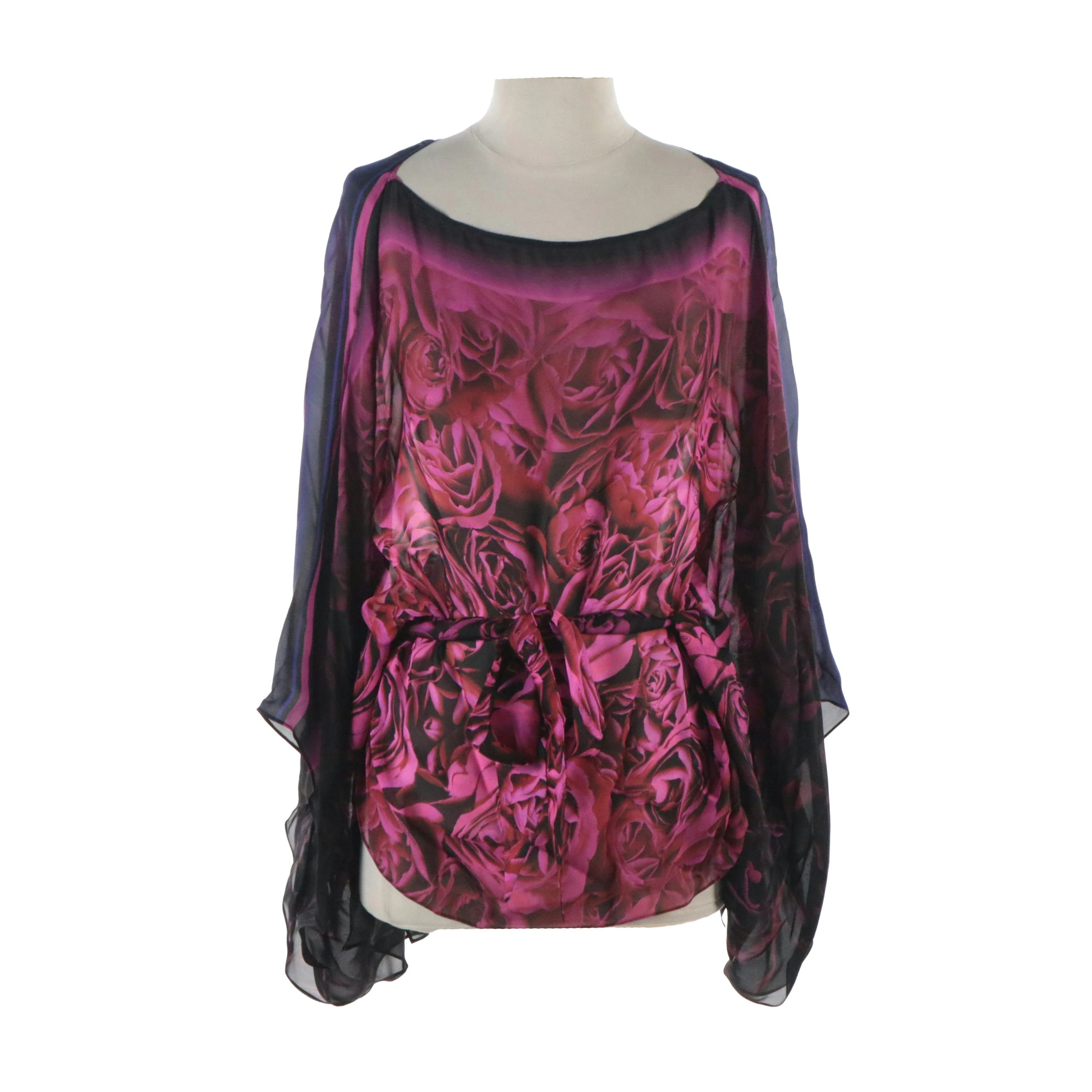 Roberto Cavalli Multicolor Rose Print Silk Poncho Blouse with Tie