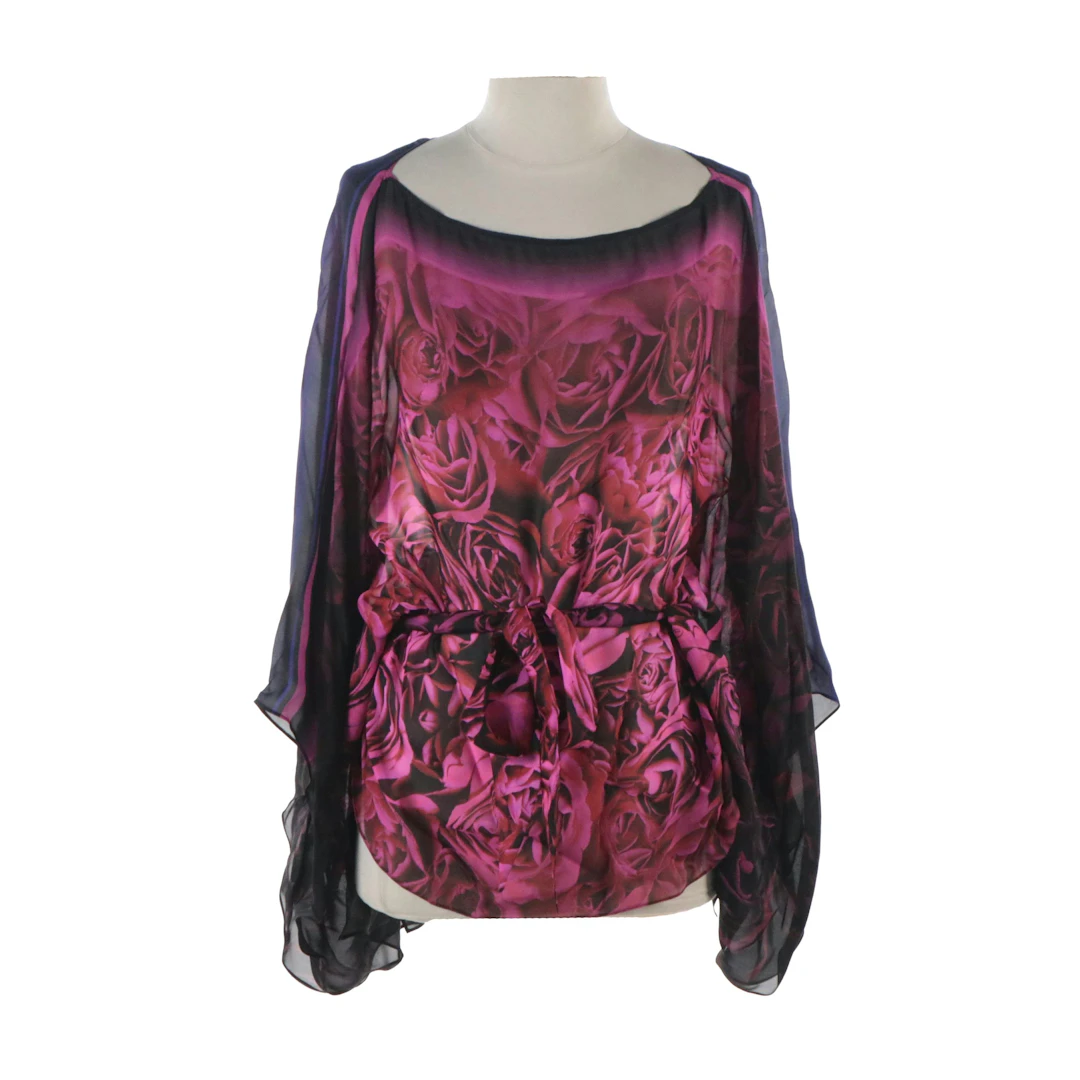 Roberto Cavalli Multicolor Rose Print Silk Poncho Blouse with Tie