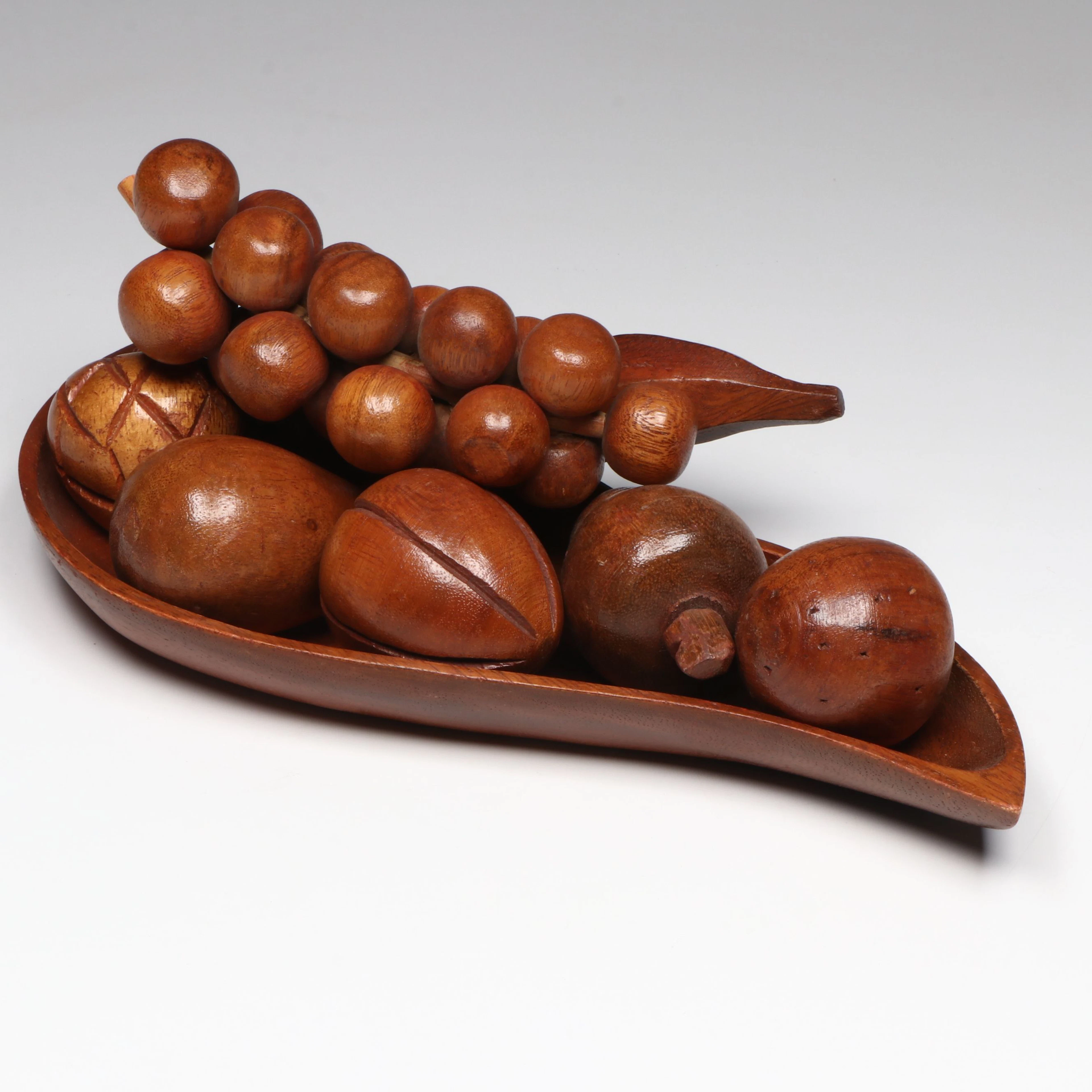 Mid Century Modern Carved Wooden Fruit and Bowl