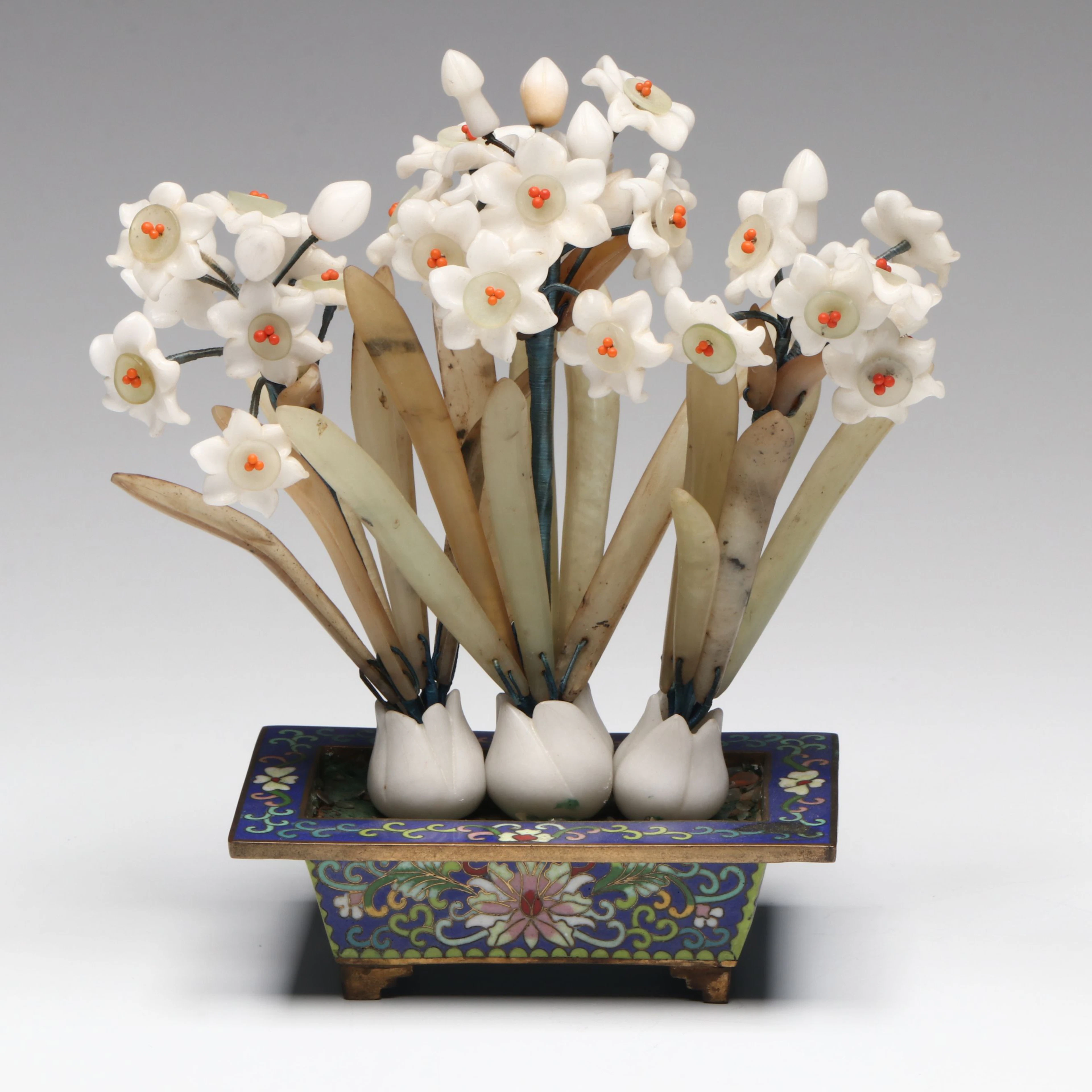 Chinese Miniature Carved Stone Narcissus Blossoms in Cloisonné Pot