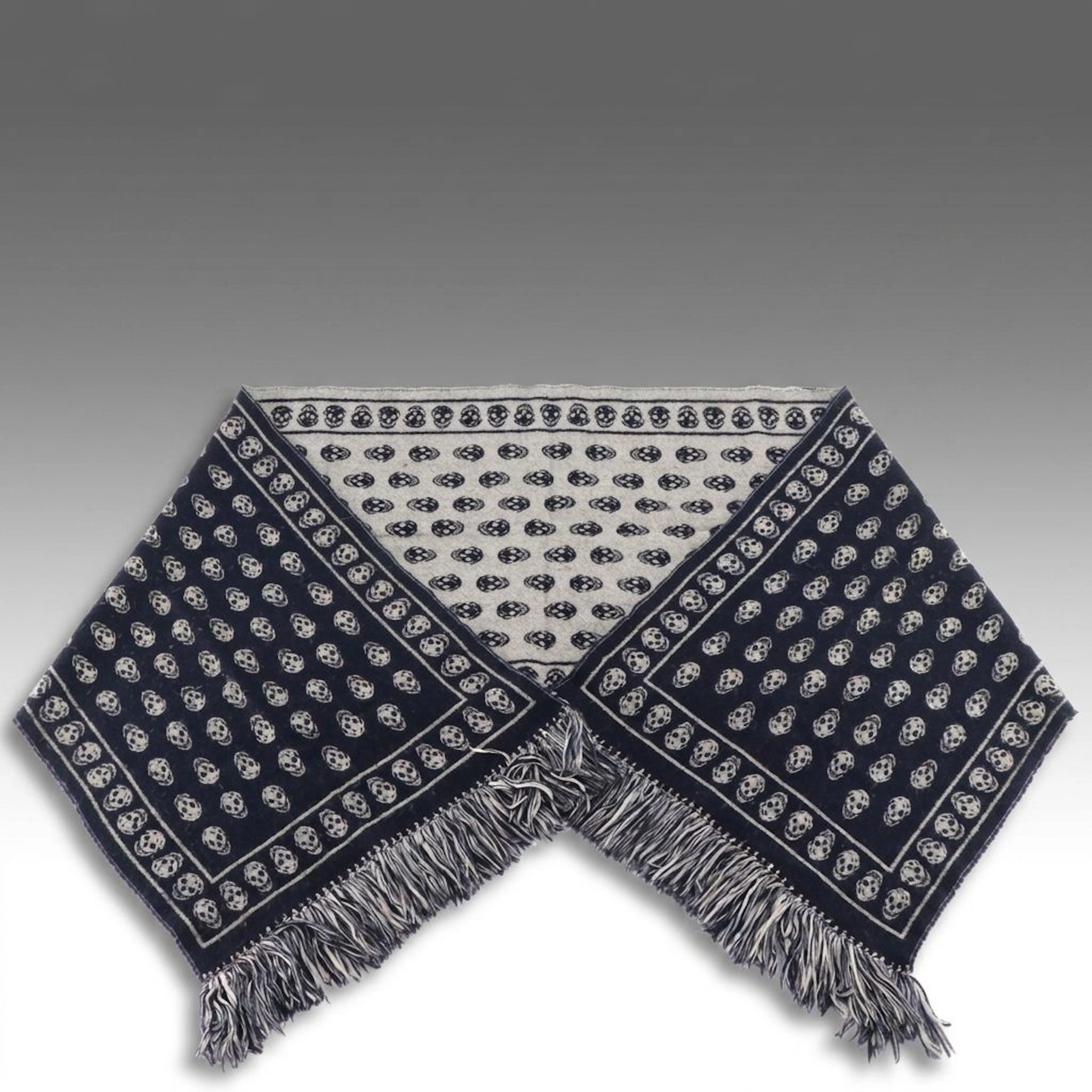 Alexander McQueen Wool and Silk Blend Skull Fringe Scarf in Navy/White
