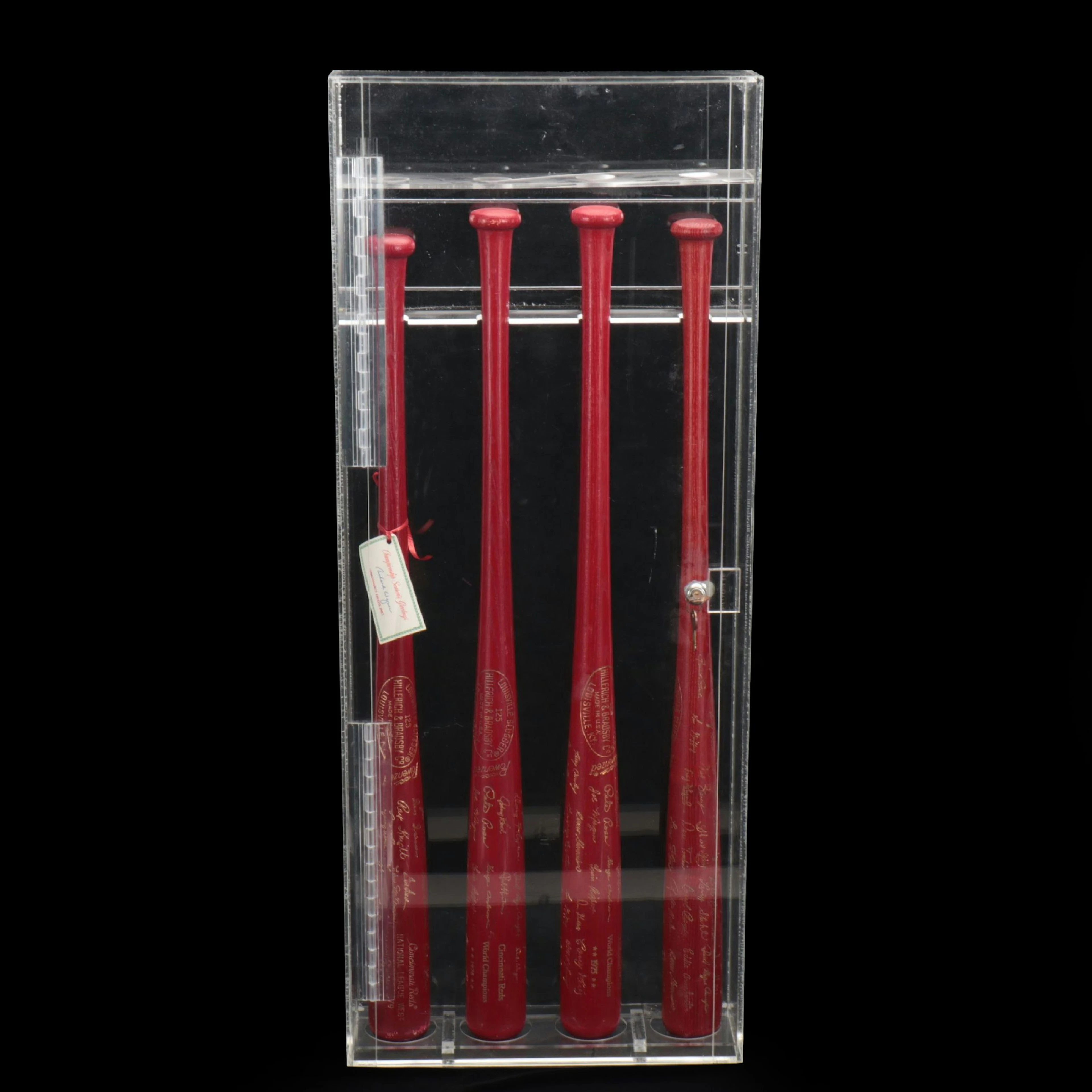 Set of 4 Red Louisville Slugger Baseball Bats in Acrylic Display Case