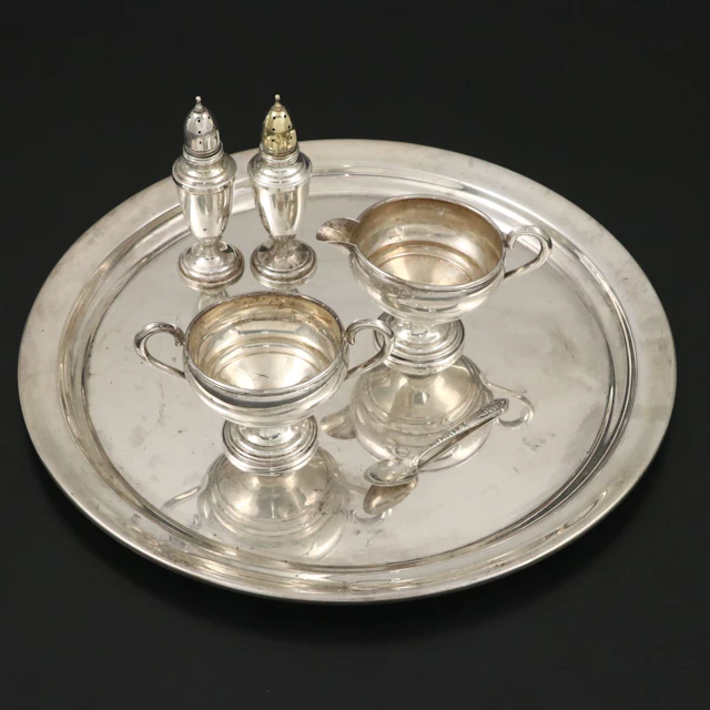Reed & Barton Sterling Silver Tray with Towle Shakers and More Tableware