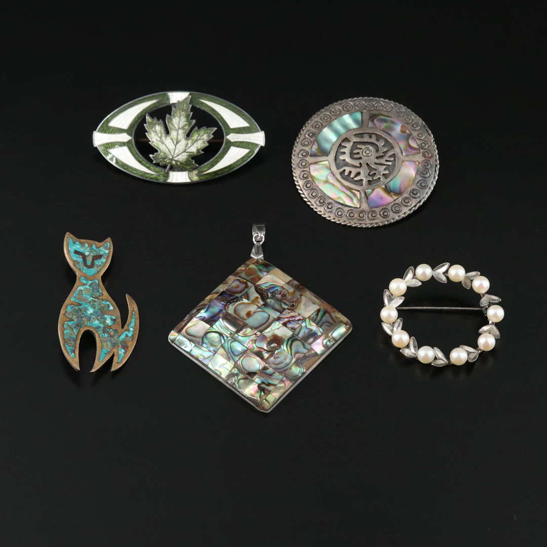 Sterling, Abalone, and Mexican Made Featured in Brooches and Pendant