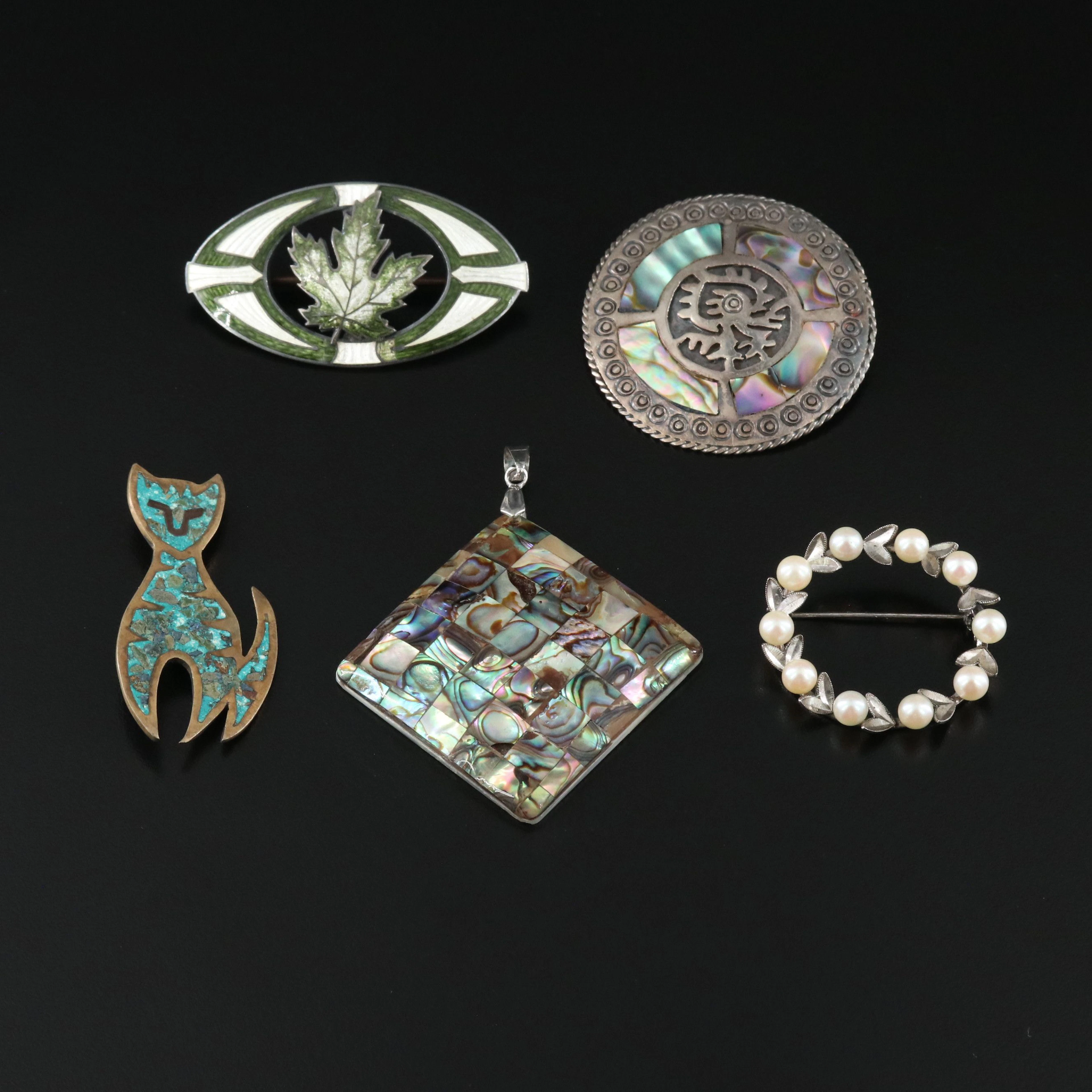 Sterling, Abalone, and Mexican Made Featured in Brooches and Pendant