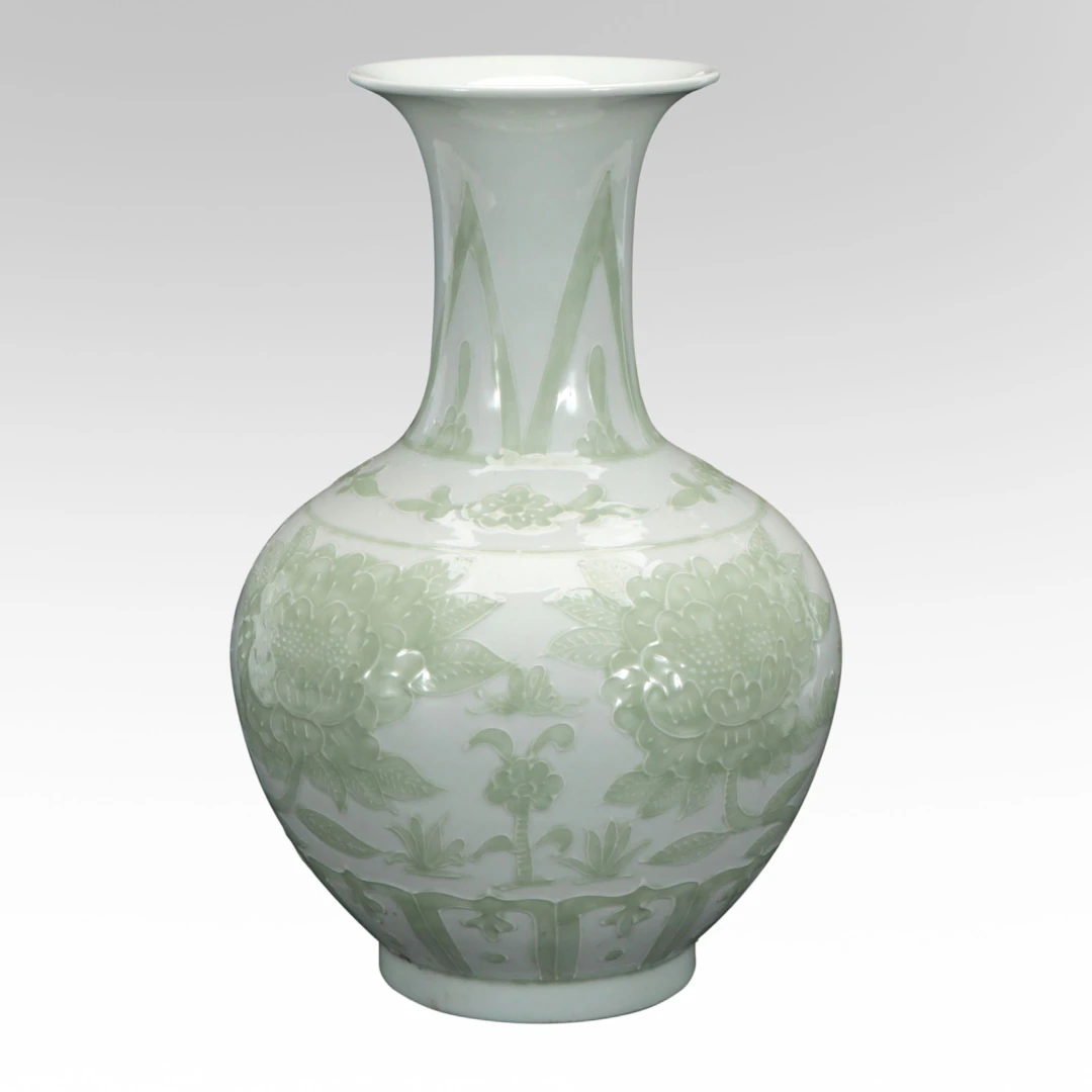 Chinese Celadon Style Porcelain Vase with Incised Floral Motif