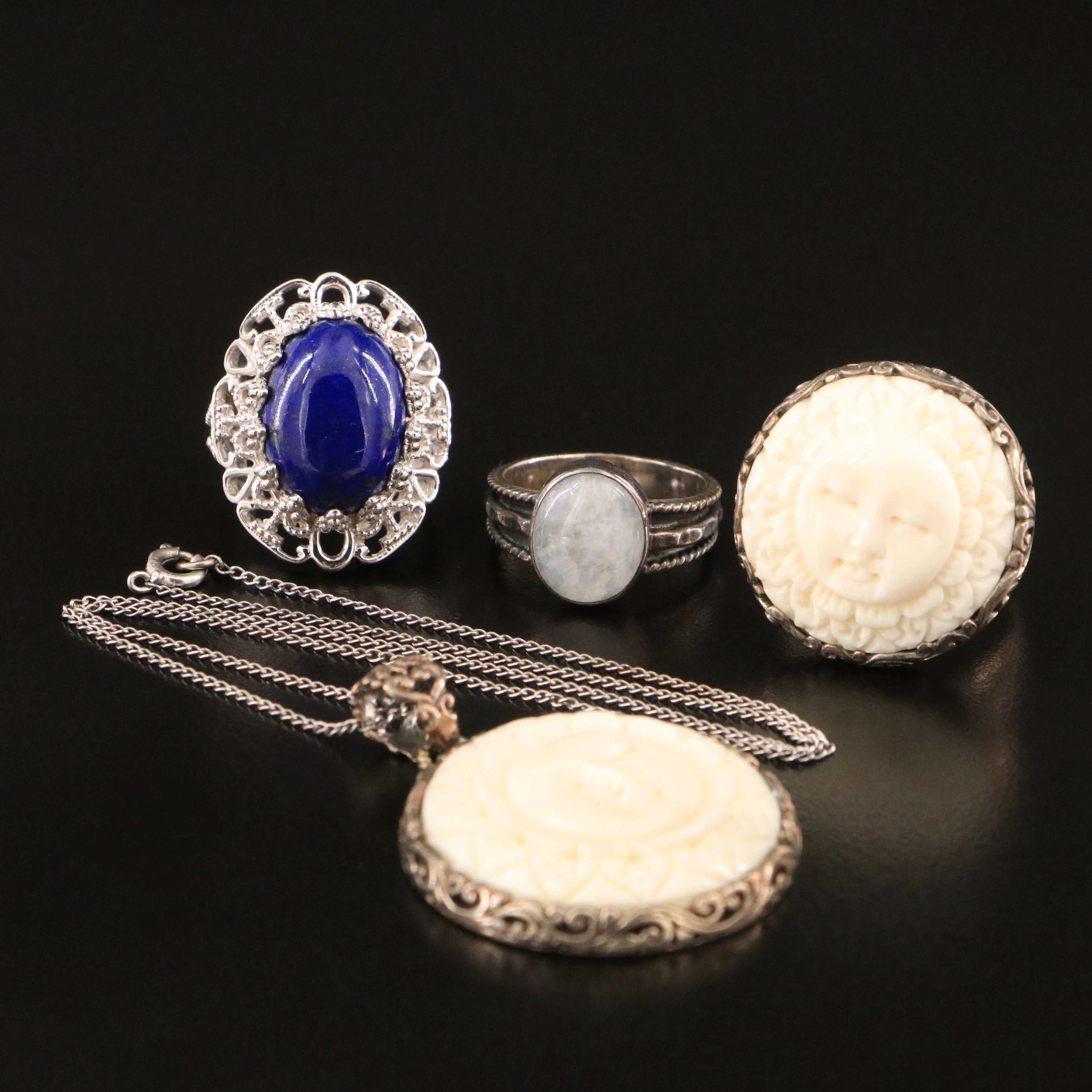 Rainbow Moonstone, Lapis Lazuli and 950 Silver Featured in Sterling Jewelry