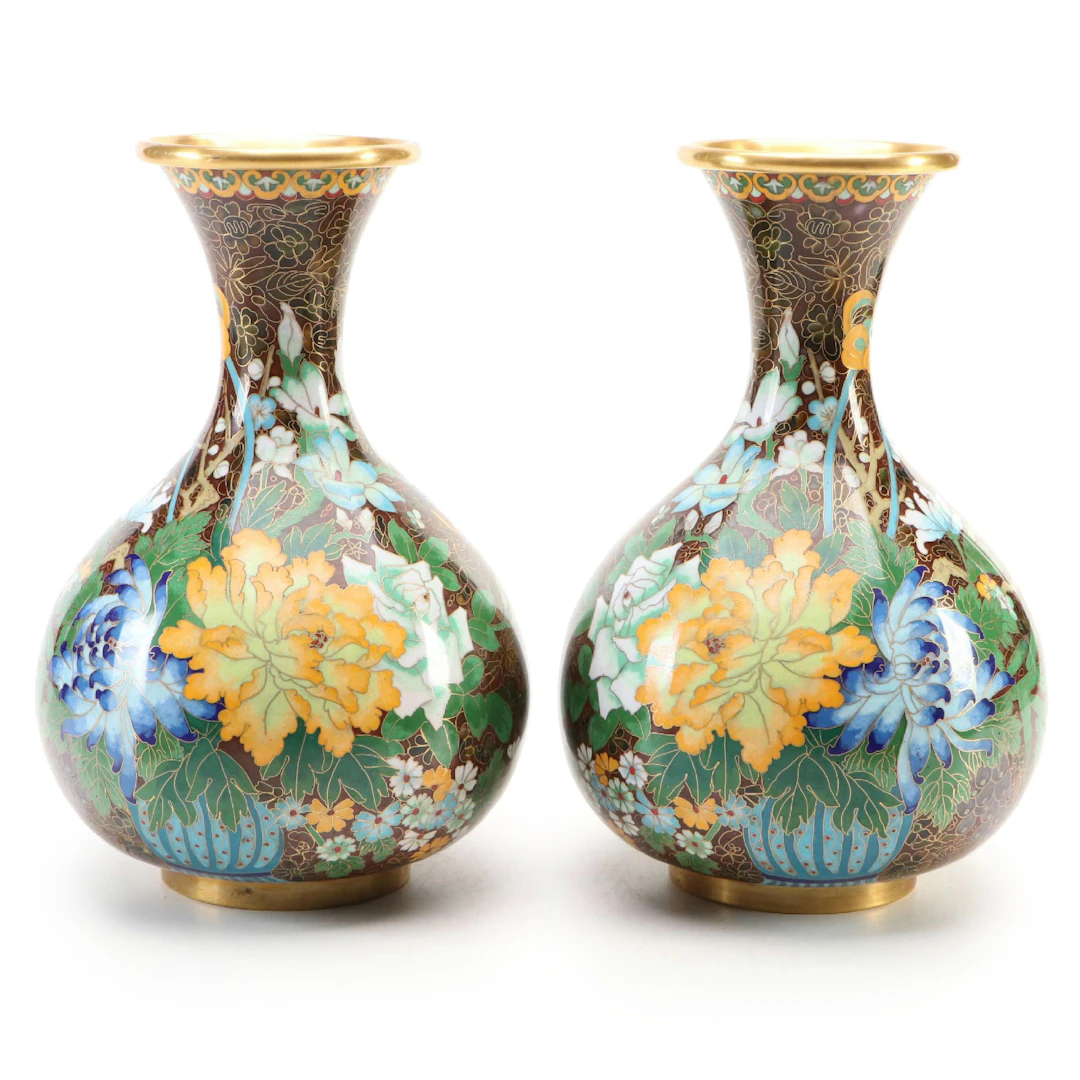 Chinese Mirror-Image Cloisonné Yuhuchunping Vases