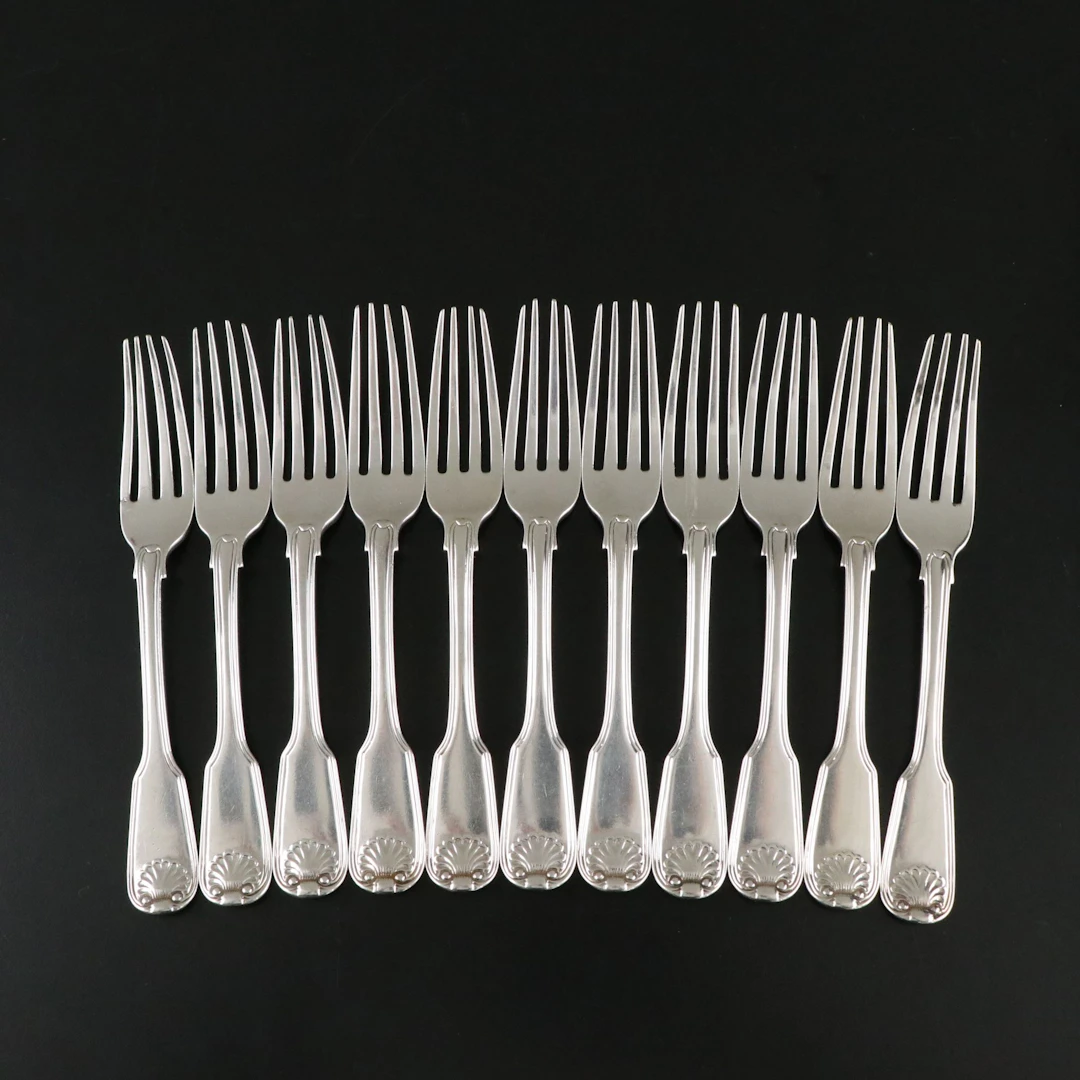 James Bult "Fiddle, Thread and Shell" Sterling Silver Salad Forks, 1821