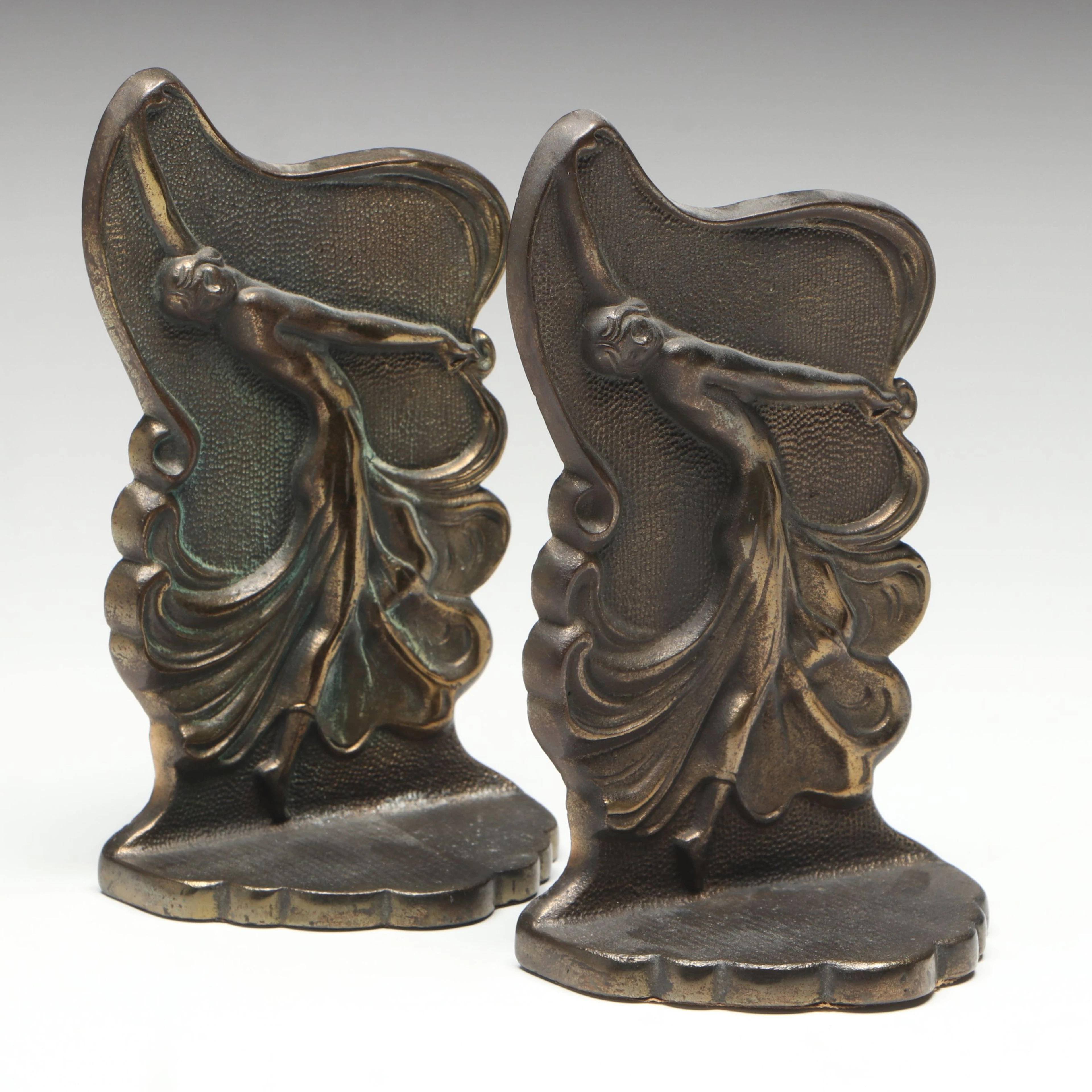 Jeanne L. Drucklieb Art Nouveau Patinated Brass Bookends, Vintage