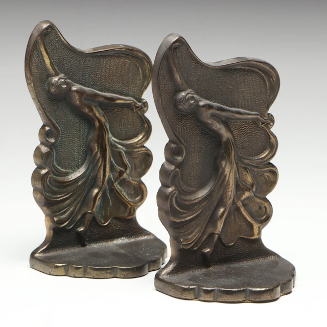 Jeanne L. Drucklieb Art Nouveau Patinated Brass Bookends, Vintage