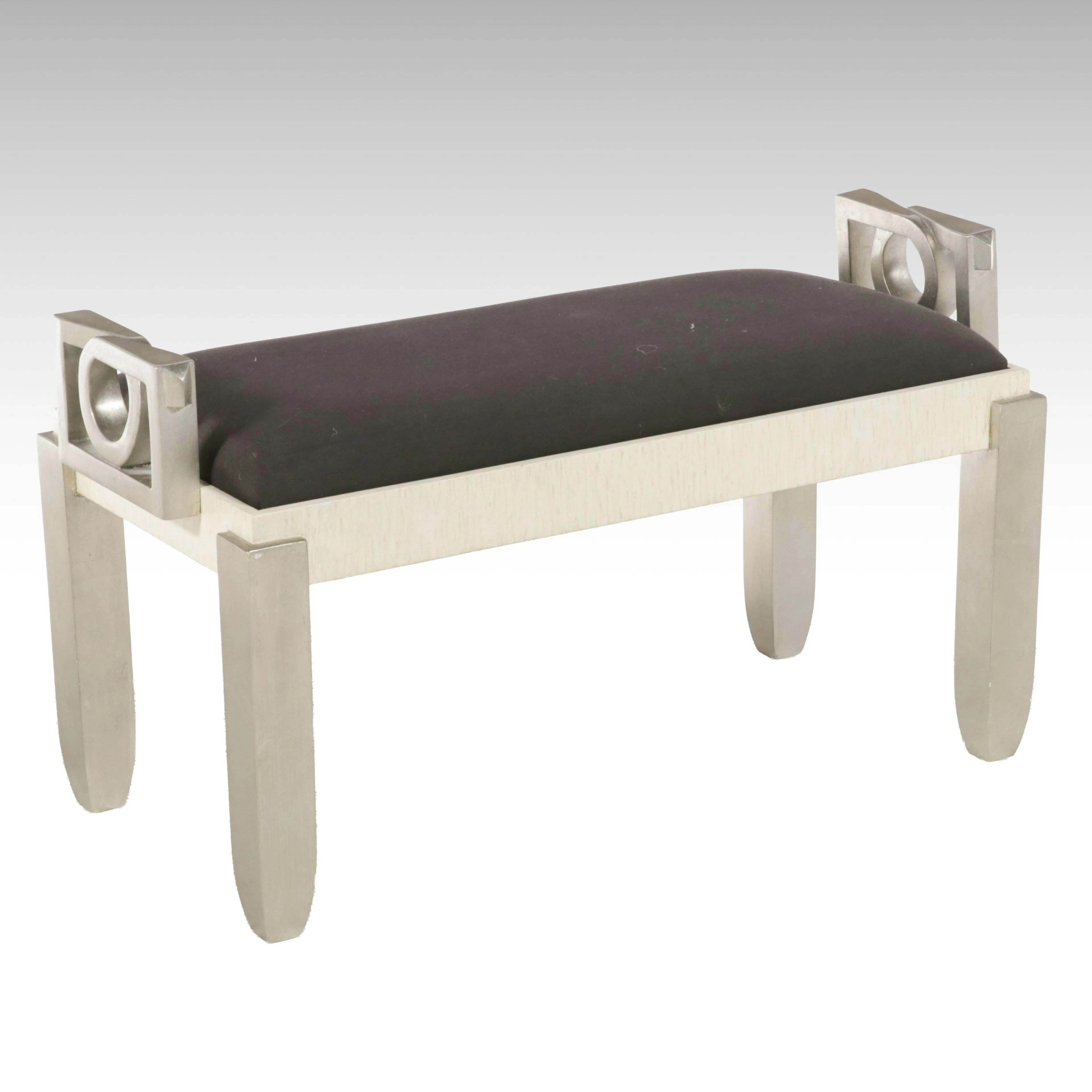 Hollywood Regency Style Silver Finished Upholstered Bench, Late 20th Century