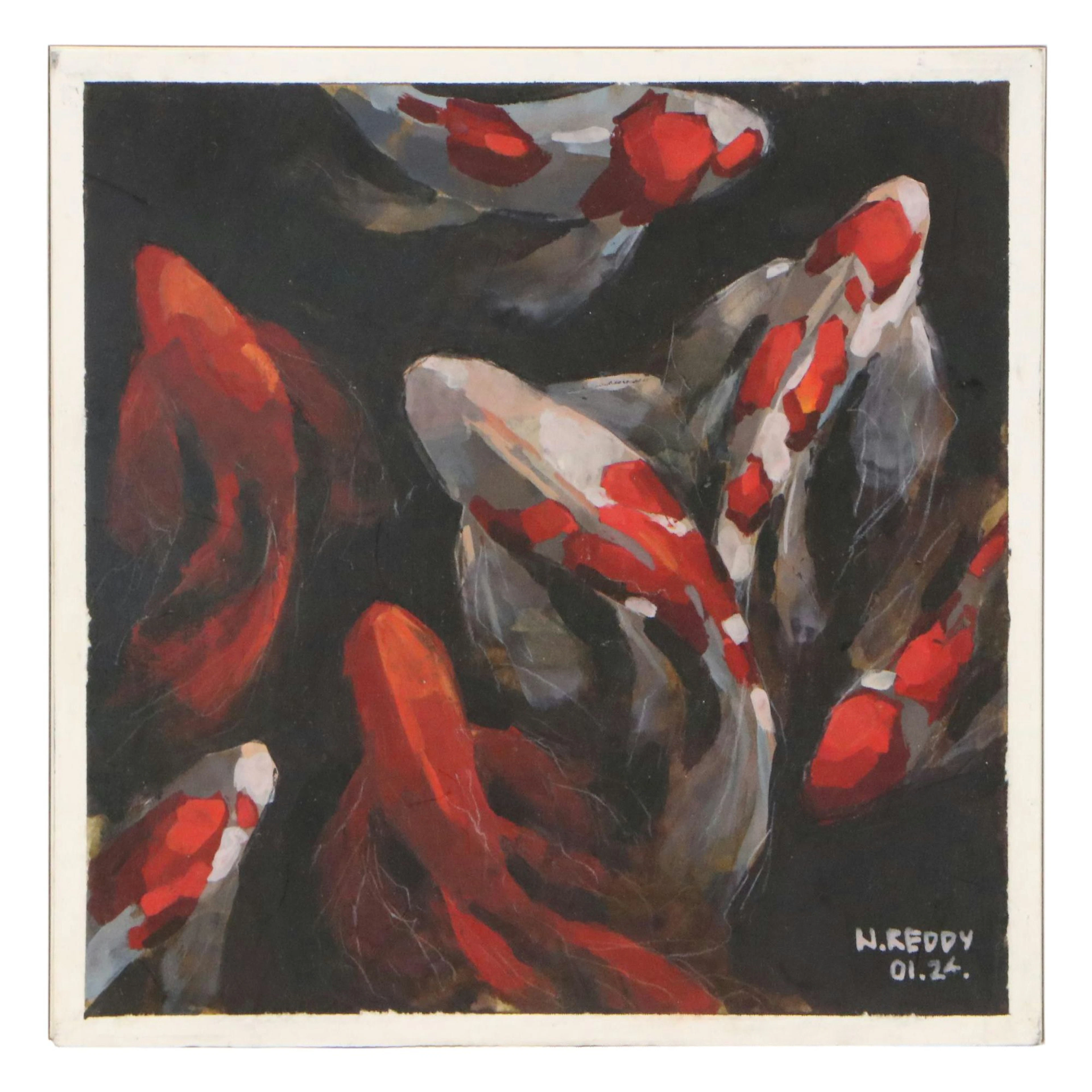 N. Reddy Gouache Painting of Koi Fish, 2024