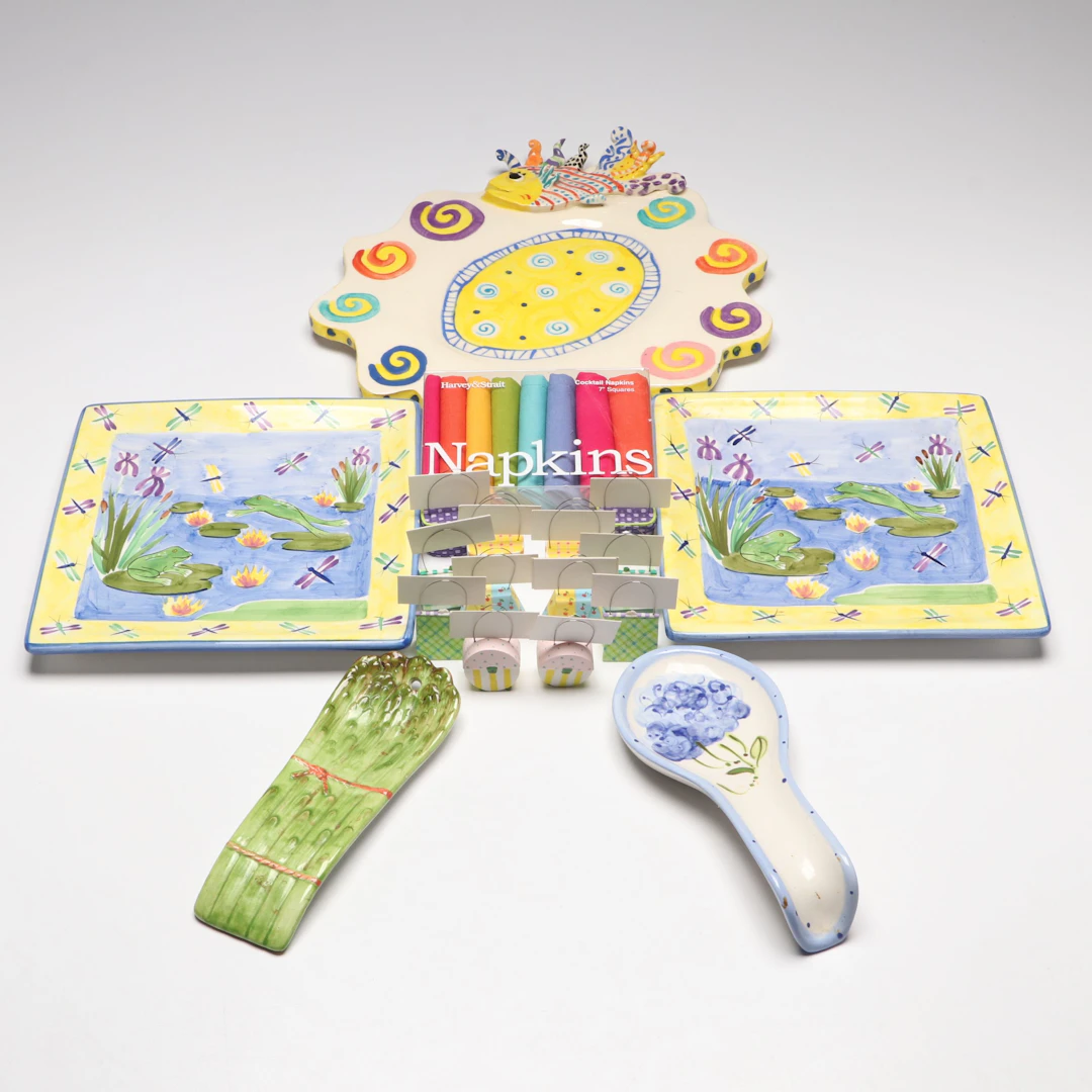 Artist Signed Novelty Multicolor Fish Plate with Spoon Rests and More Serveware