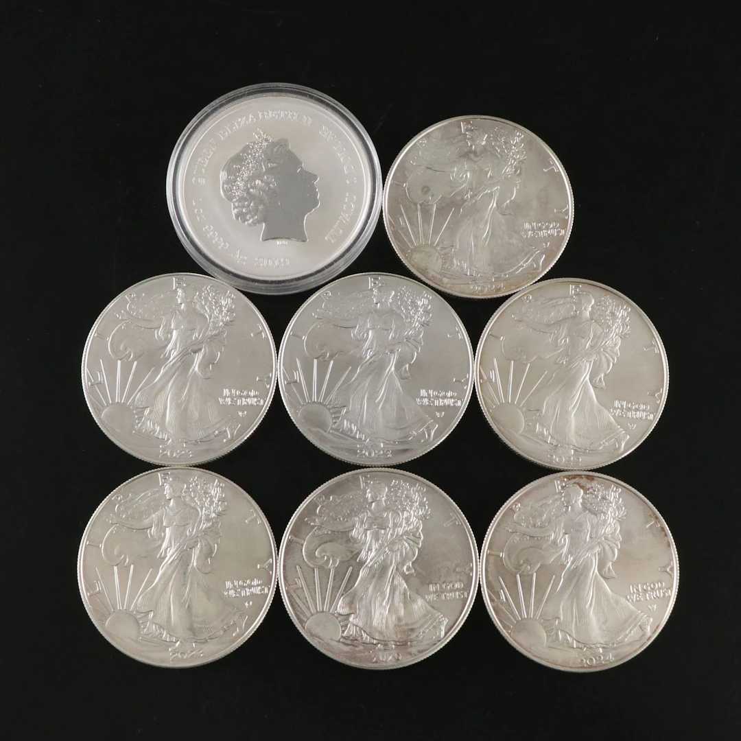 Seven Silver Eagle and One 2019 Tuvalu 1-Oz. Bullion Coins