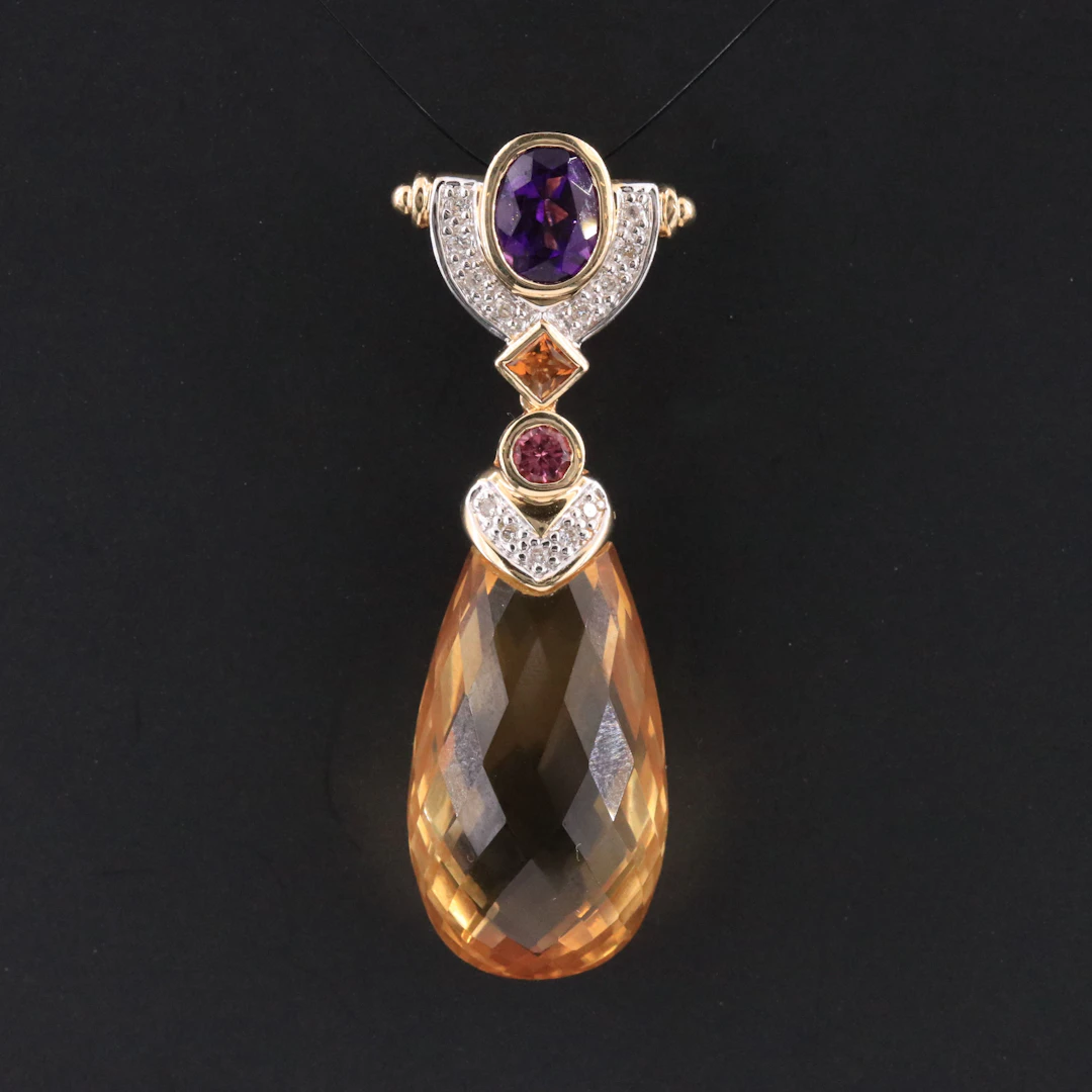 14K Citrine, Amethyst, Tourmaline and Diamond Enhancer Pendant