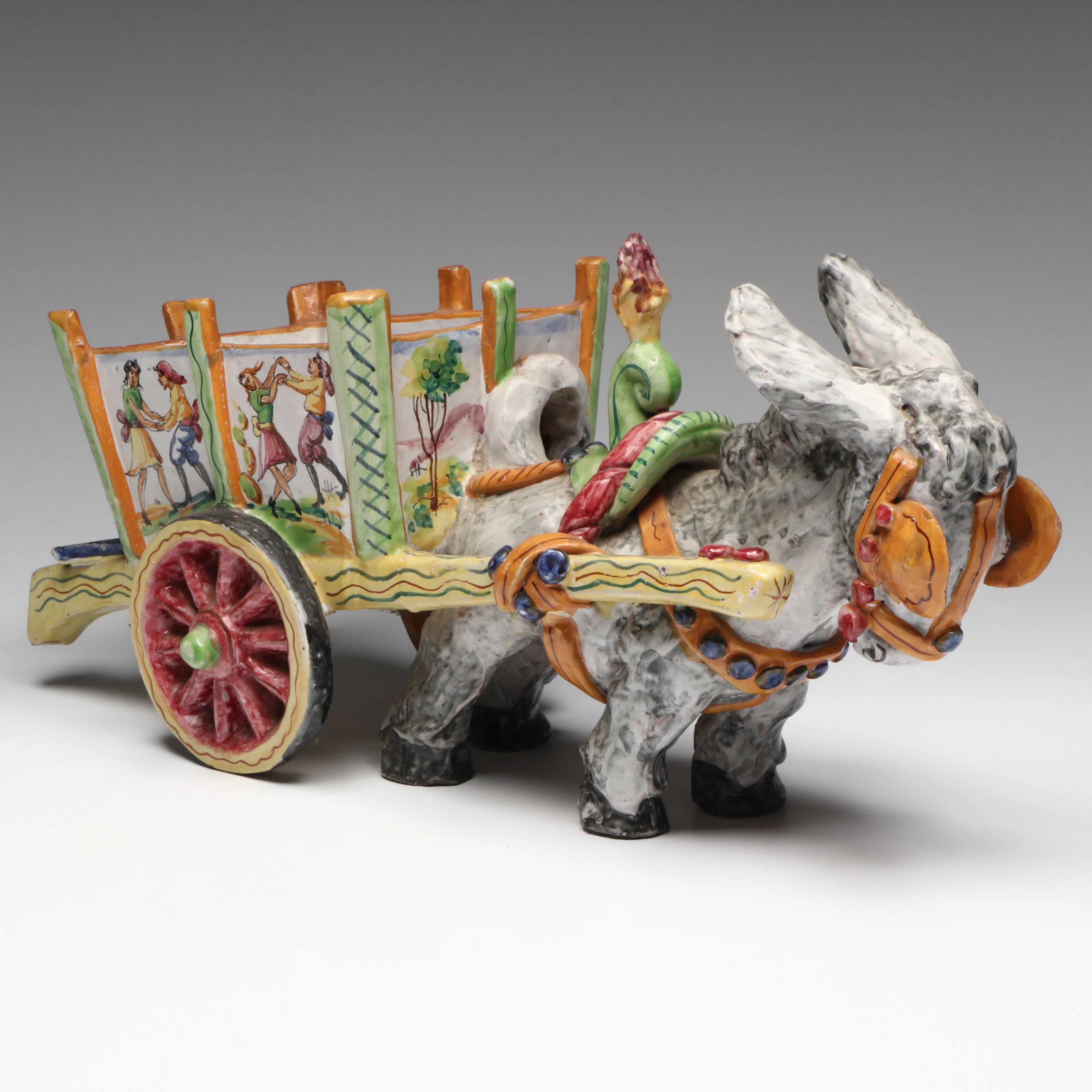Italian Pottery Ceramic Donkey Cart Planter, Mid to Late 20th Century