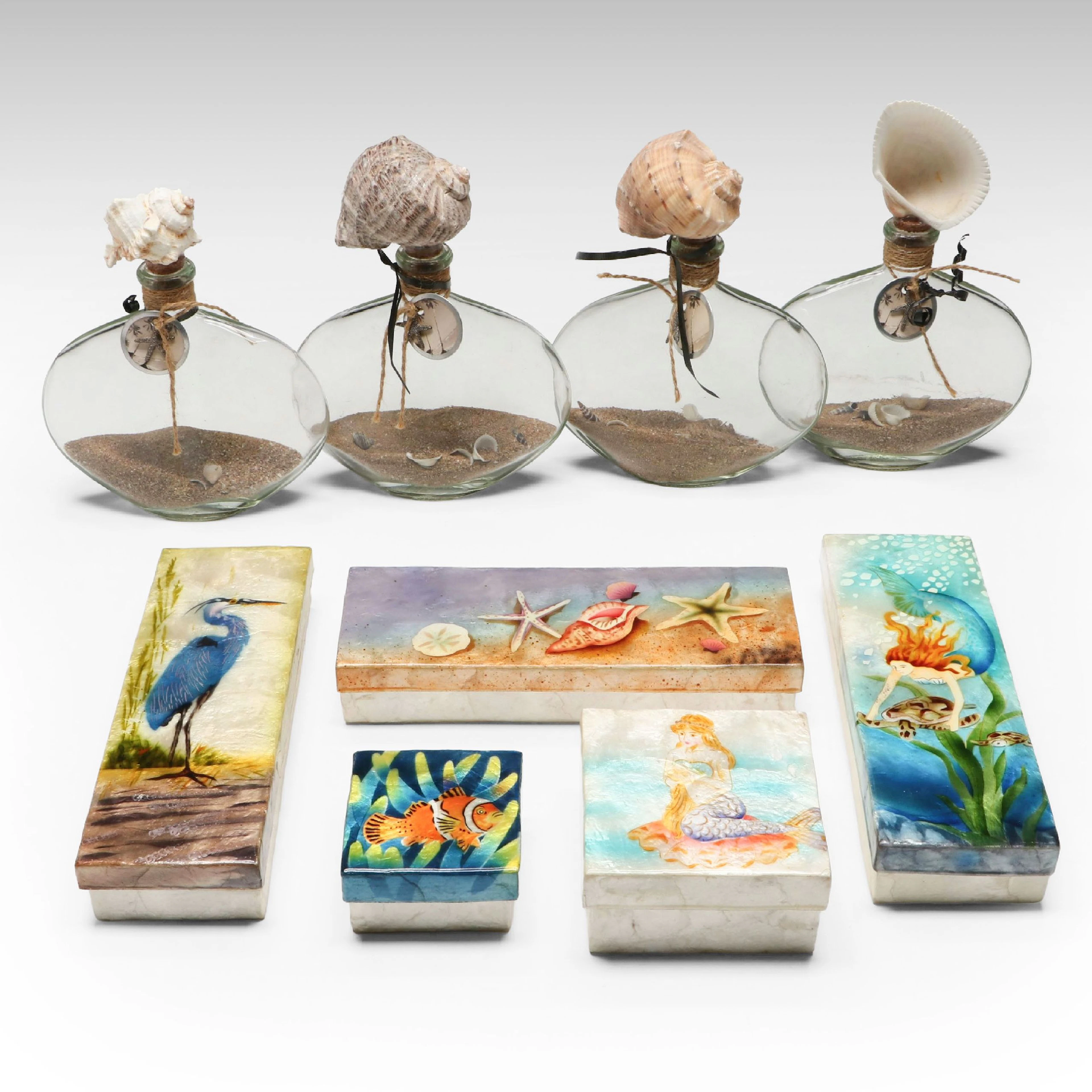 Hand-Painted Capiz Shell Boxes and Glass Shell and Sand-Filled Bottles