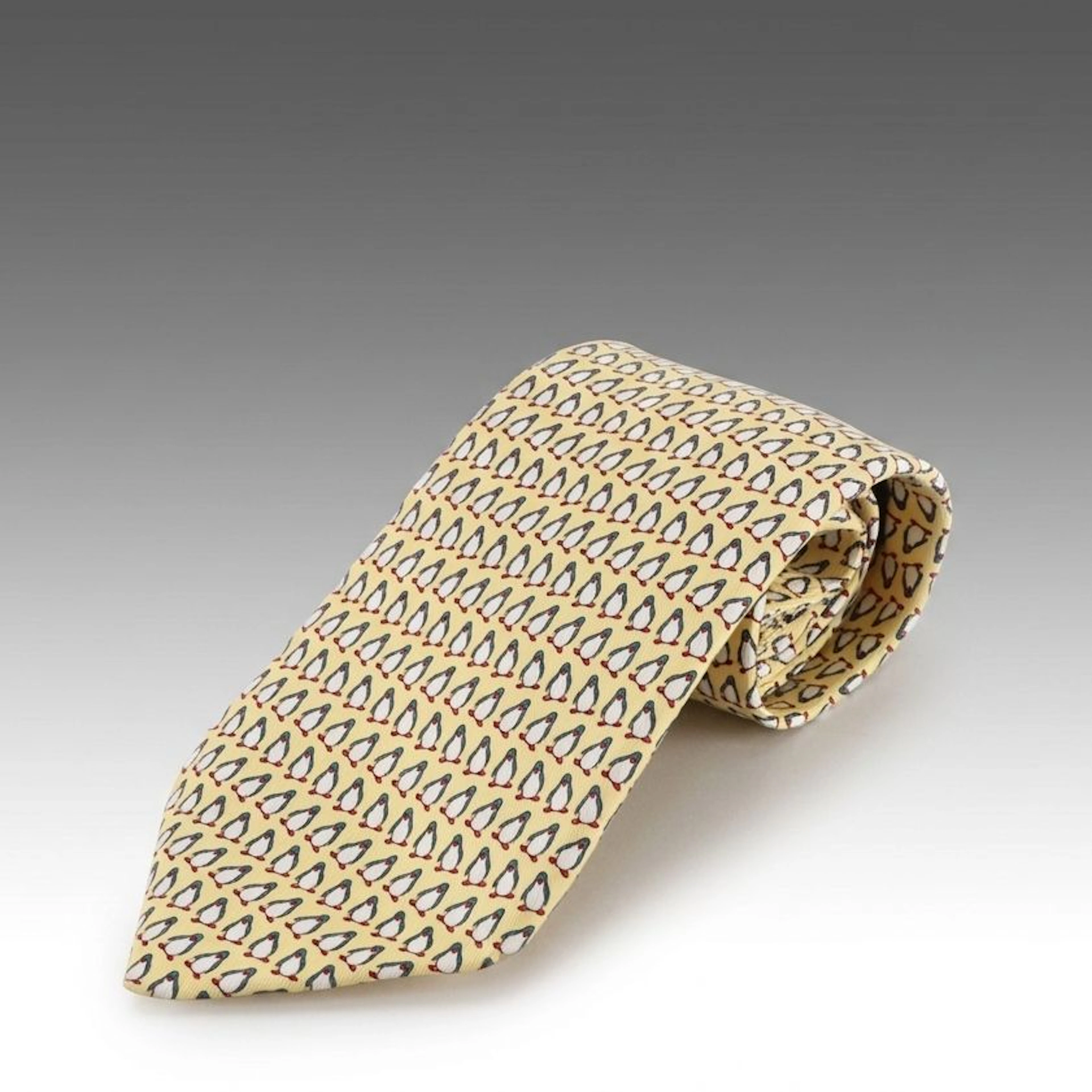 Hermès Silk Twill Hand-Stitched Necktie in Penguin Print with Box