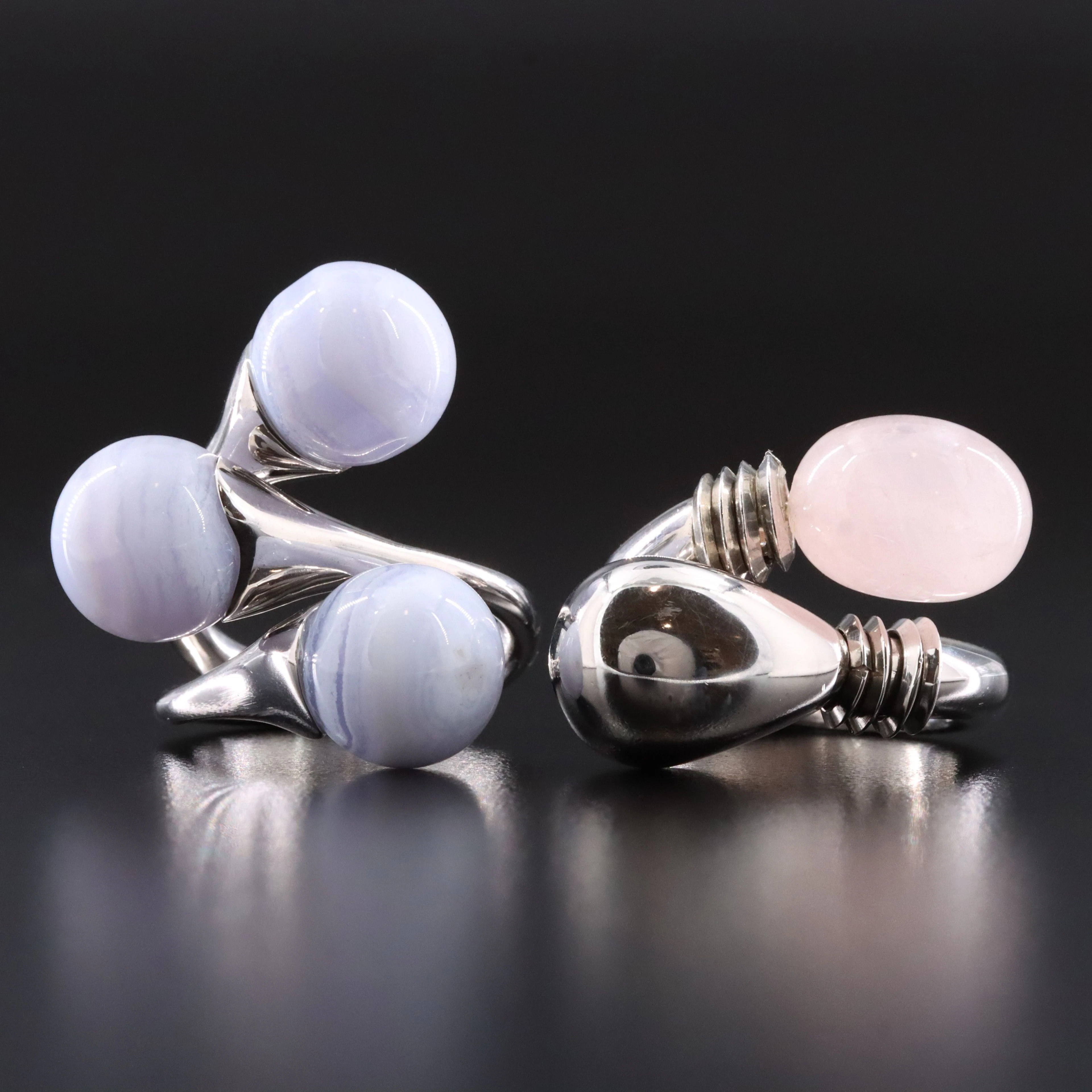 Makuti Sterling Rose Quartz and Blue Lace Agate Bypass Ring