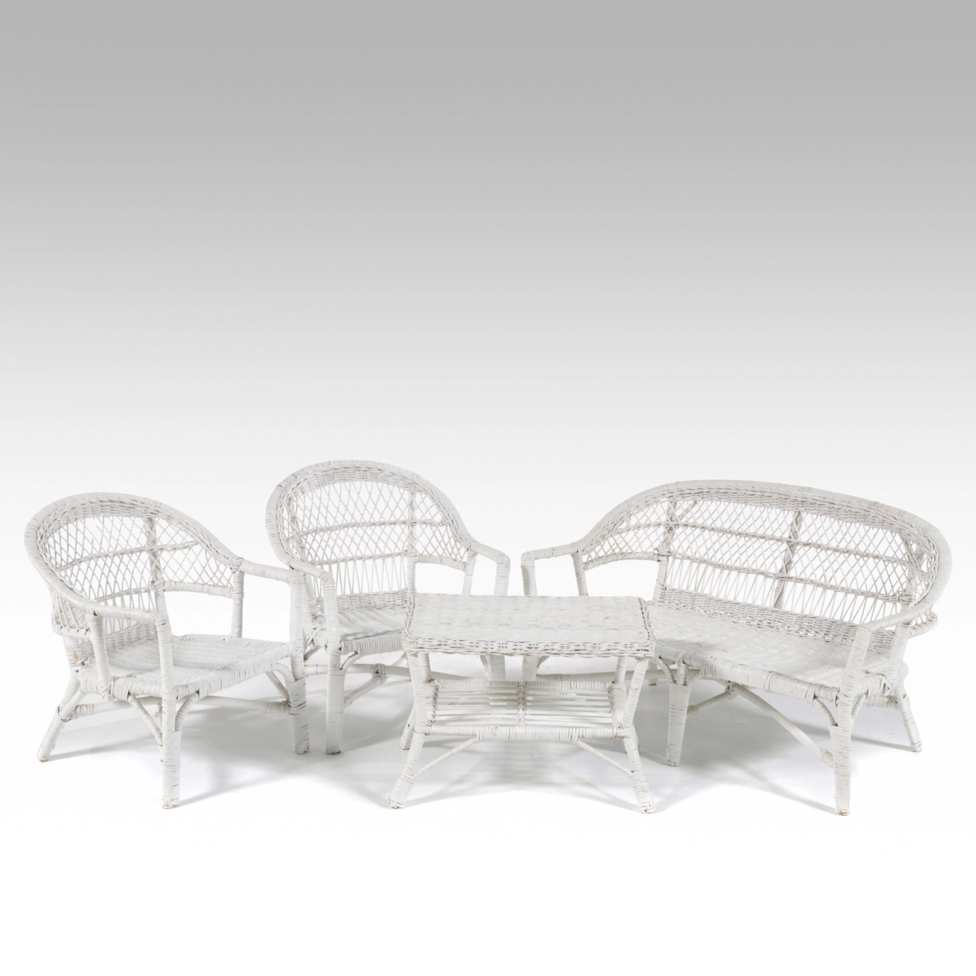 White Painted Wicker Four-Piece Patio Conversation Set, 20th Century