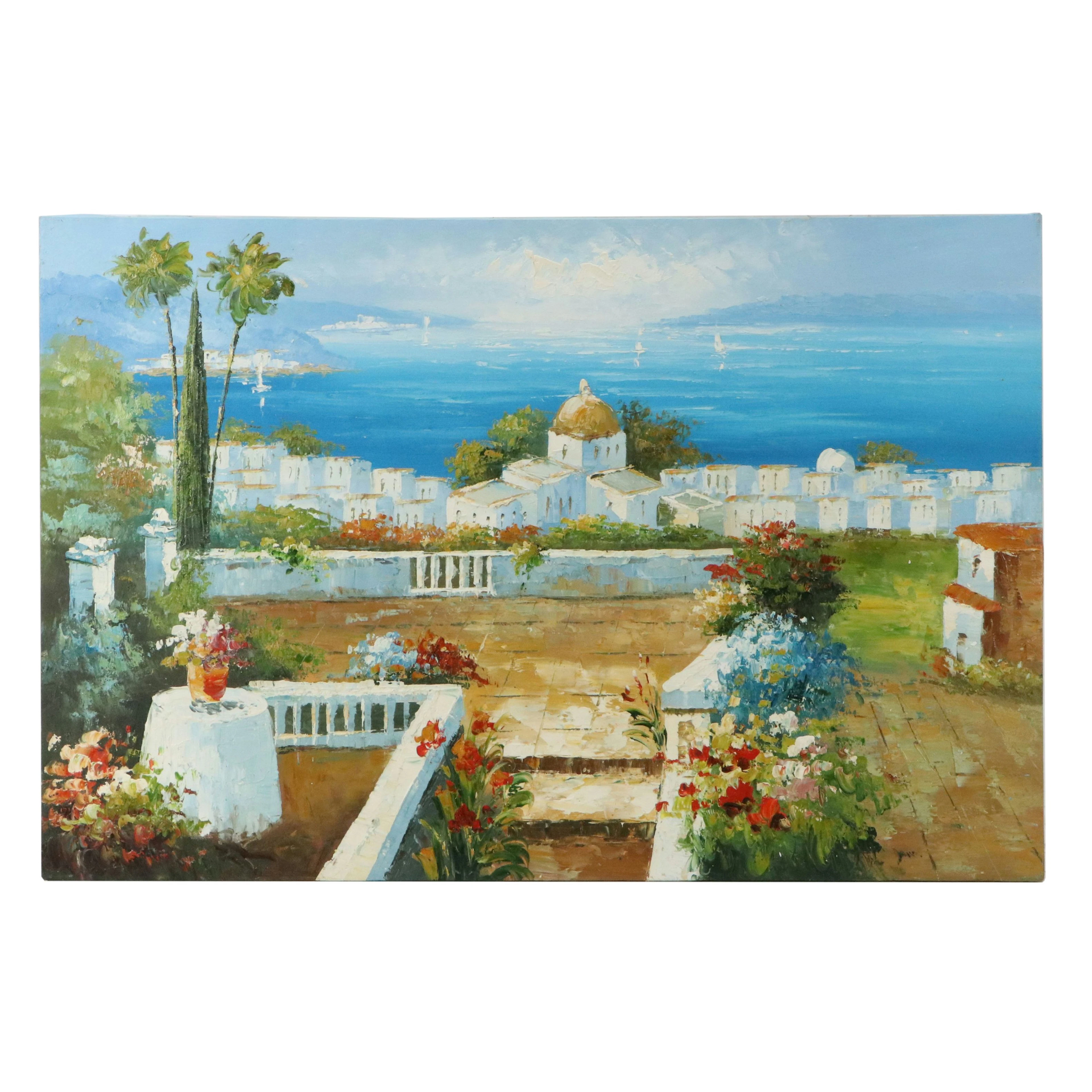 Acrylic Painting of Mediterranean Coastal Cityscape, 20th Century
