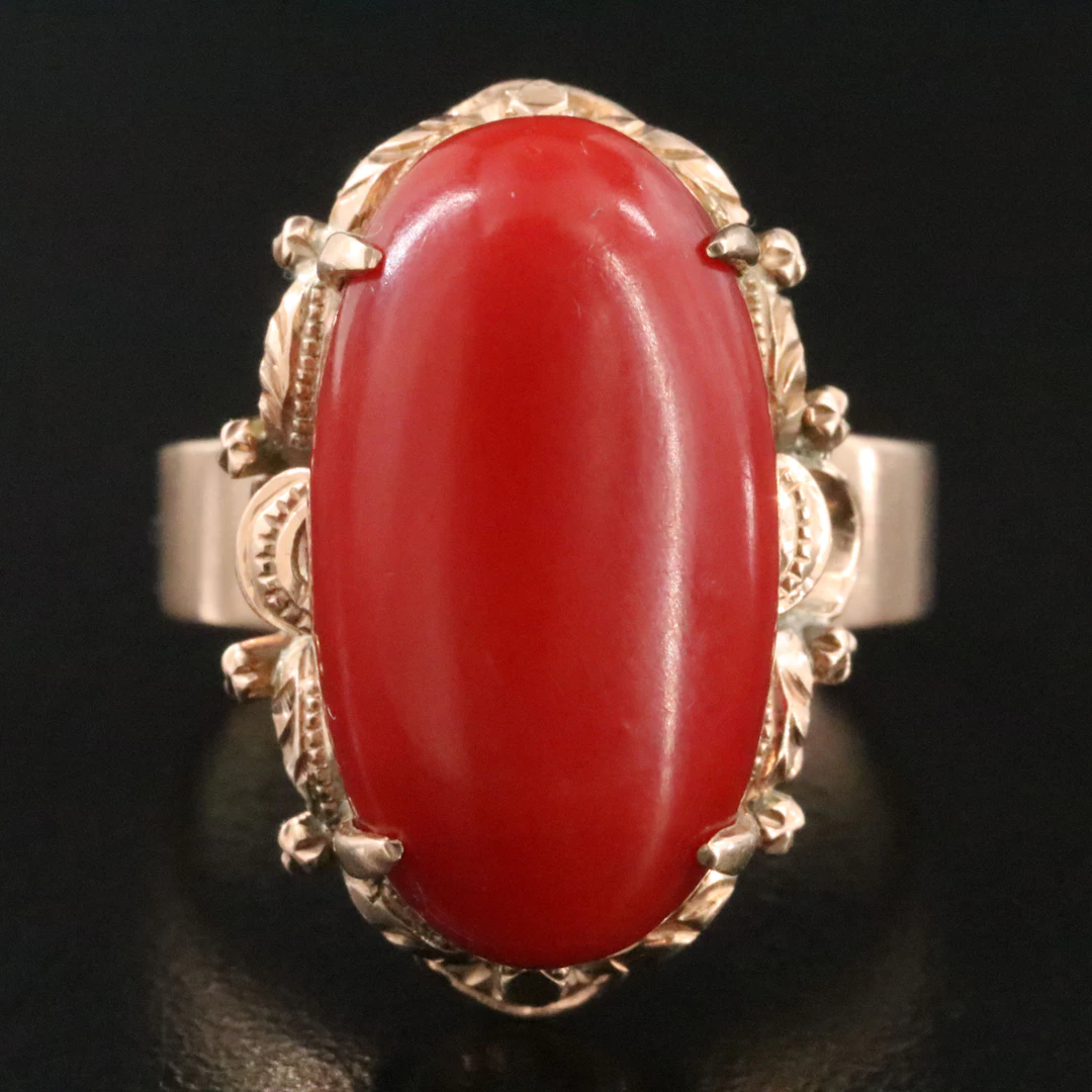 10K Coral Oval Foliate Ring