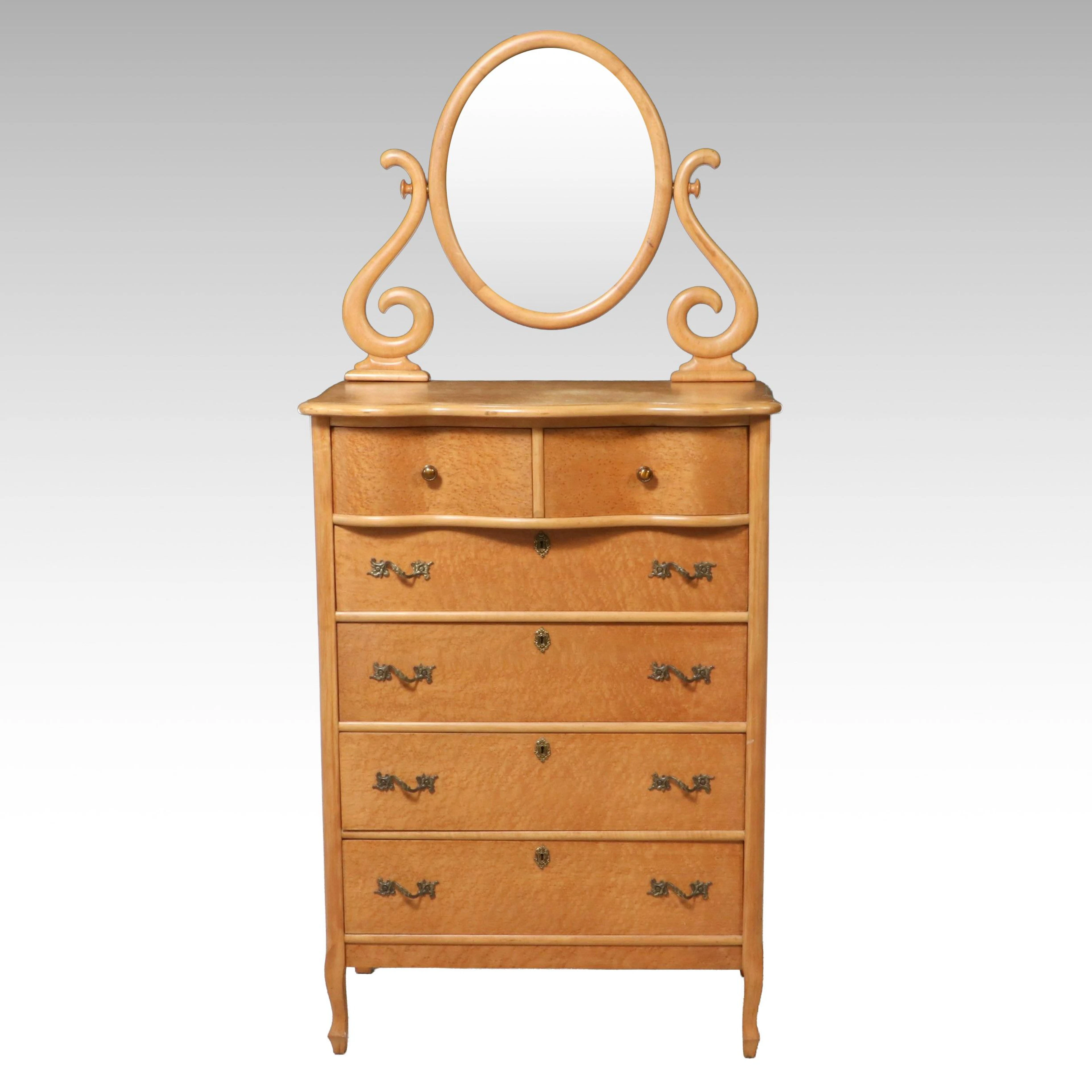 Victorian Birds Eye Maple Tallboy Chest of Drawers with Attached Swivel Mirror