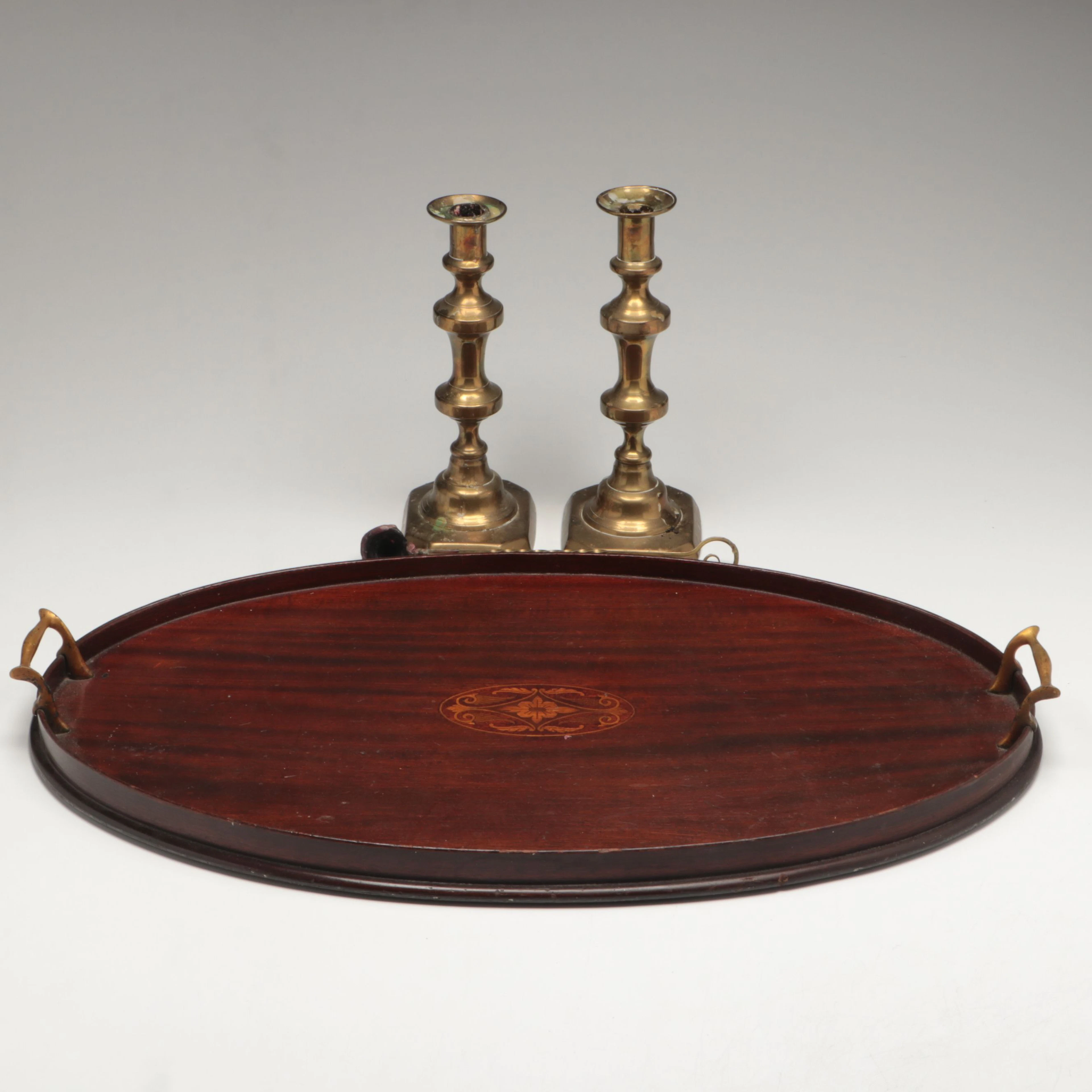Federal Style Brass Candle Holder and Snuffer with Handled Wooden Tray