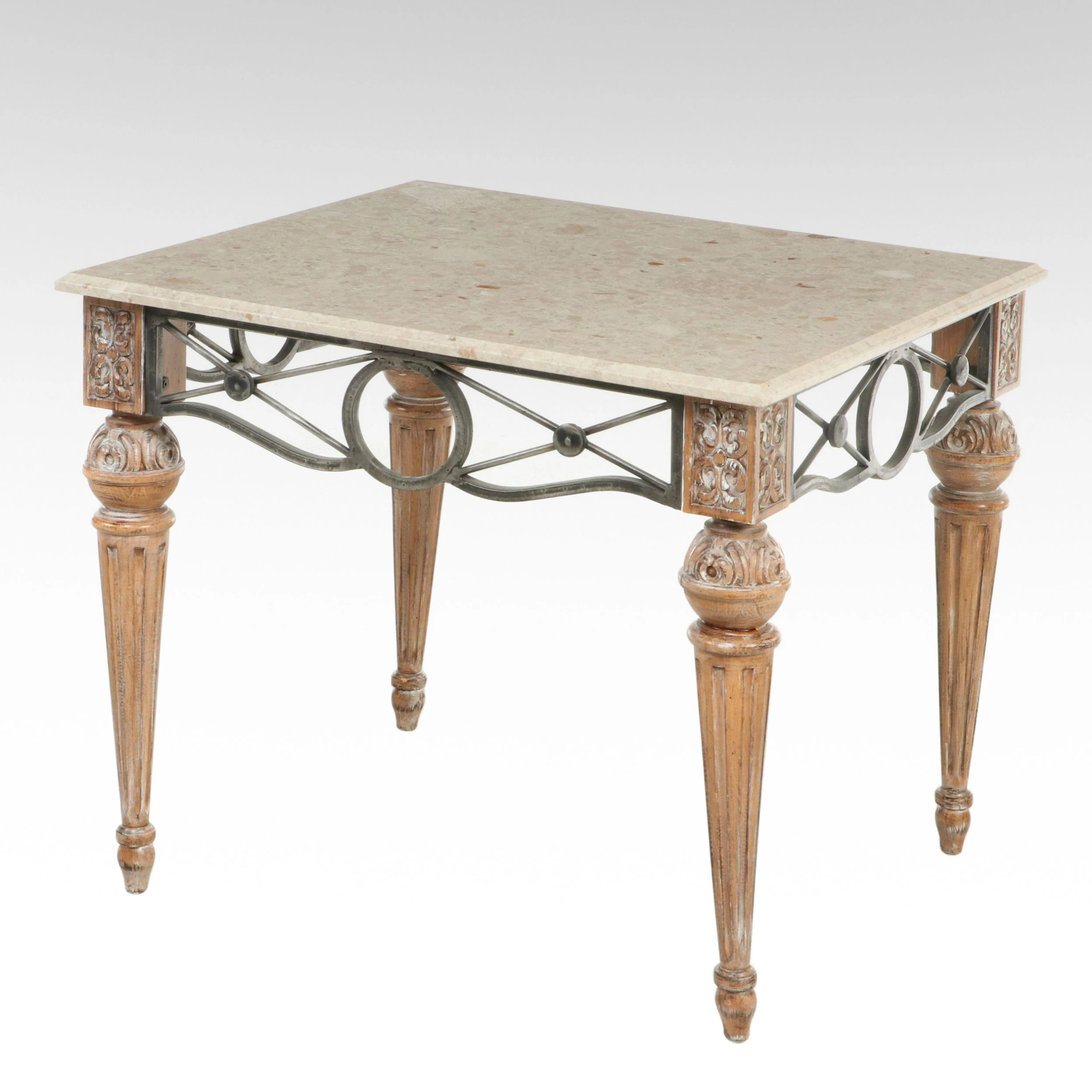 Neoclassical Style Marble-Top Wood and Metal End Table
