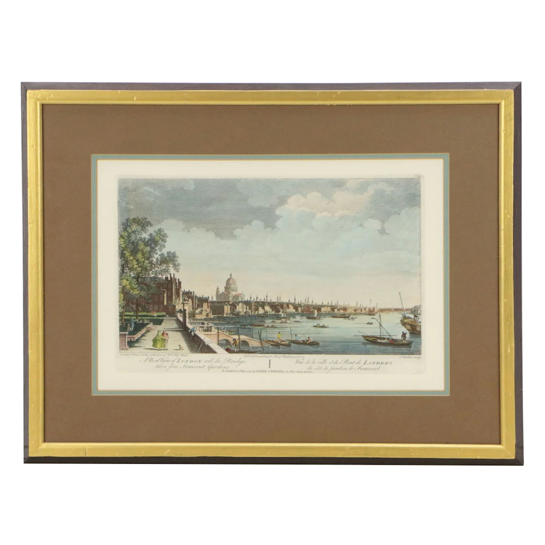 After Canaletto Hand-Colored Engraving "A West View of London with the Bridge"