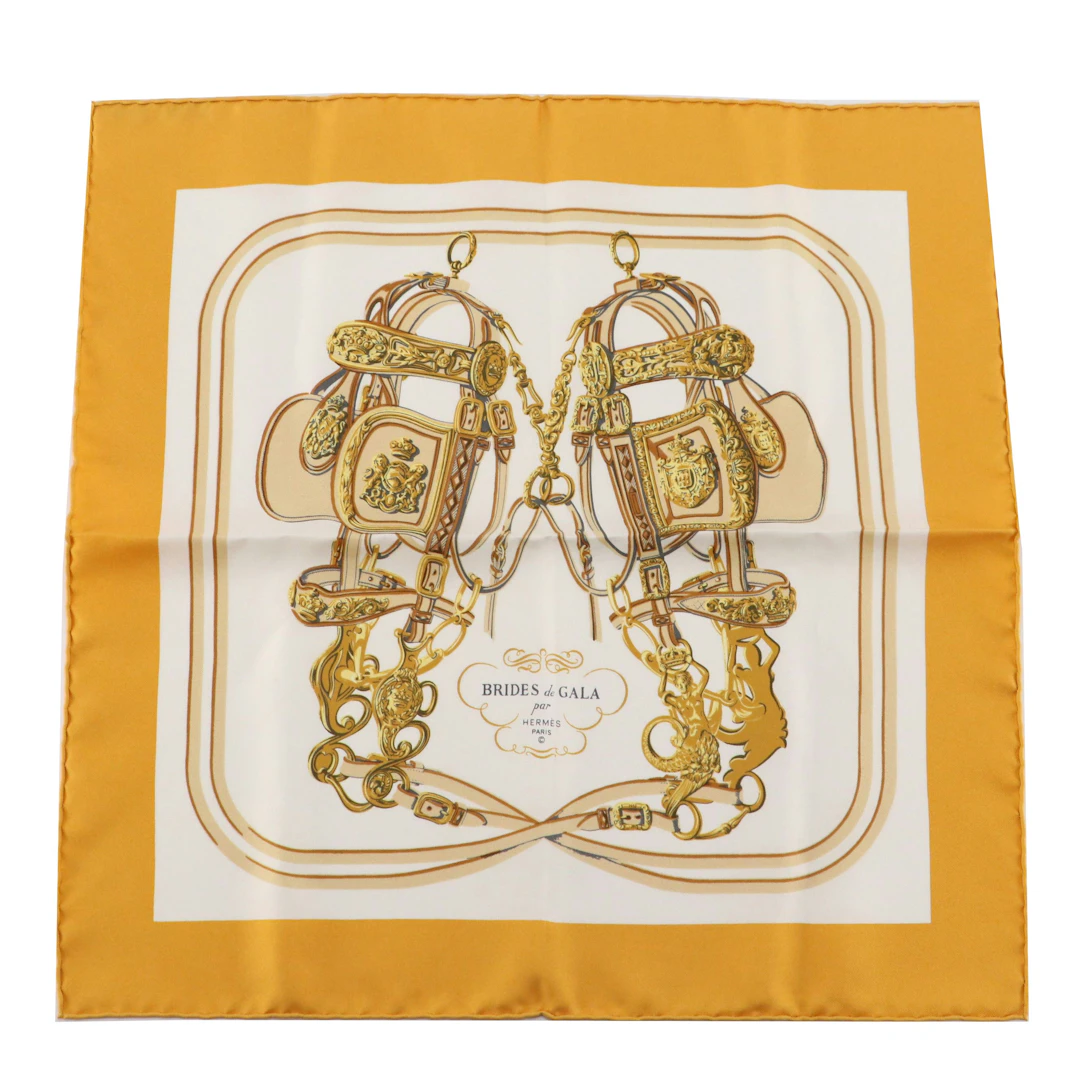 Hermès "Brides de Gala" Scarf 45 in Gold Silk Twill with Box
