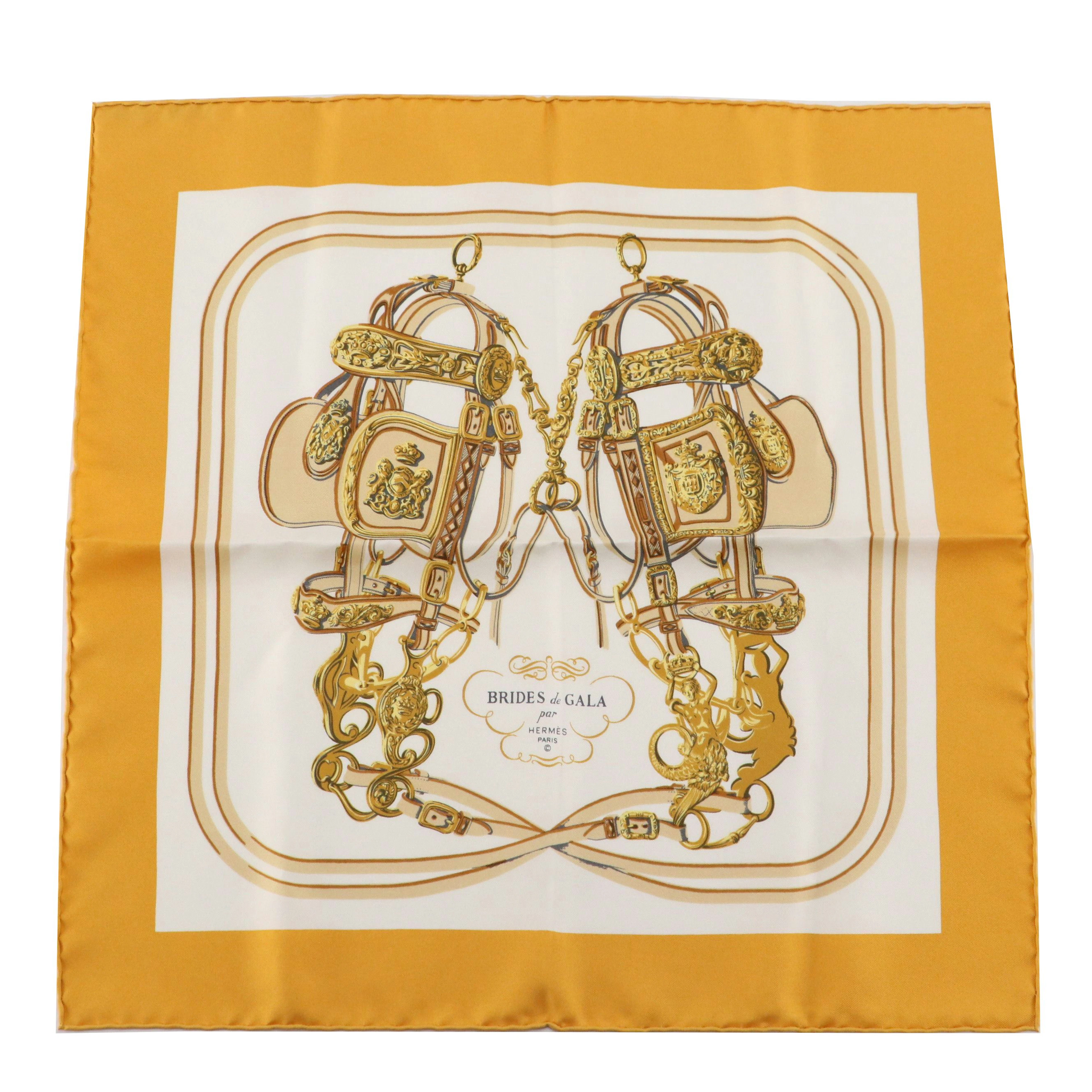 Hermès "Brides de Gala" Scarf 45 in Gold Silk Twill with Box