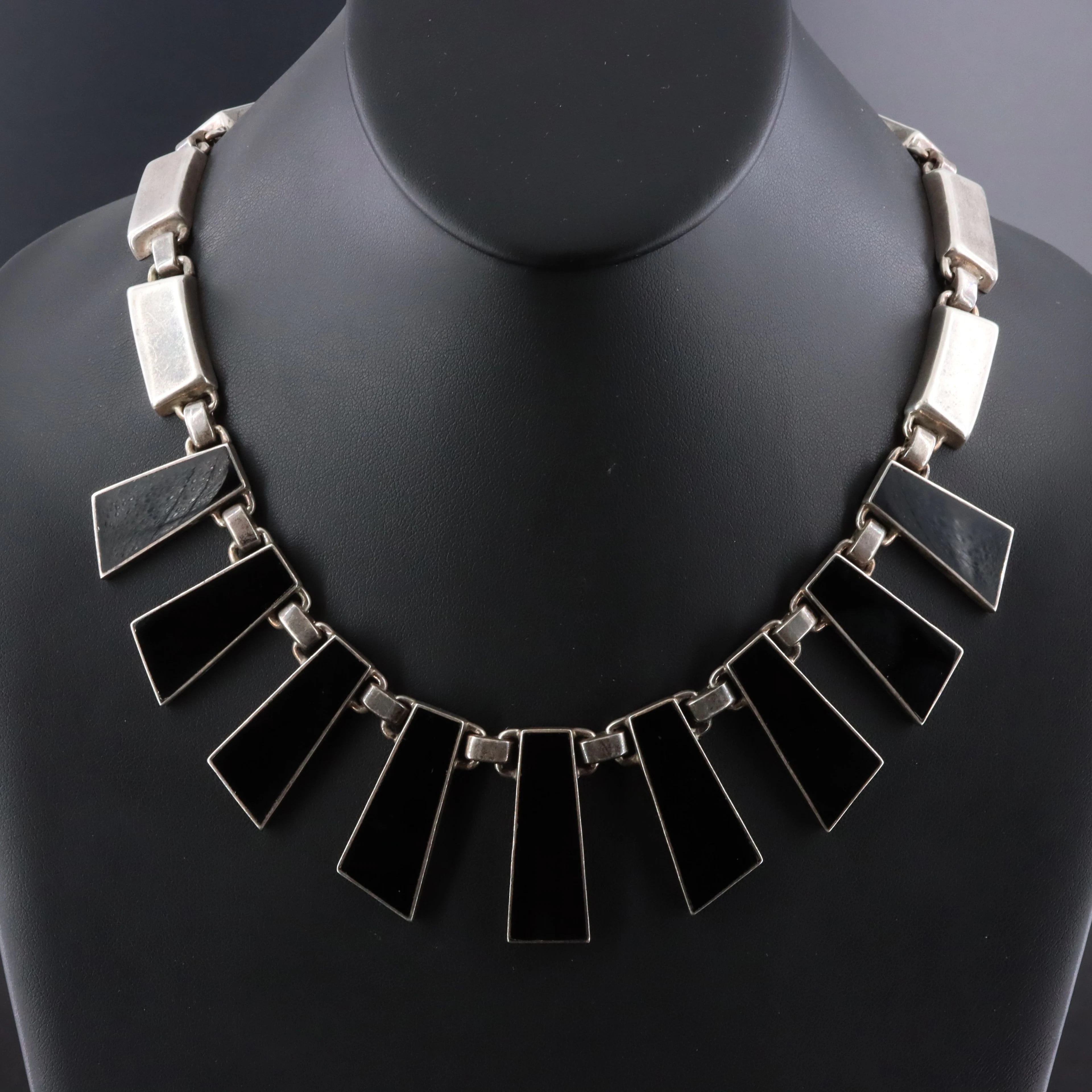 Mexican Modernist 950 Silver Obsidian Fringe Necklace