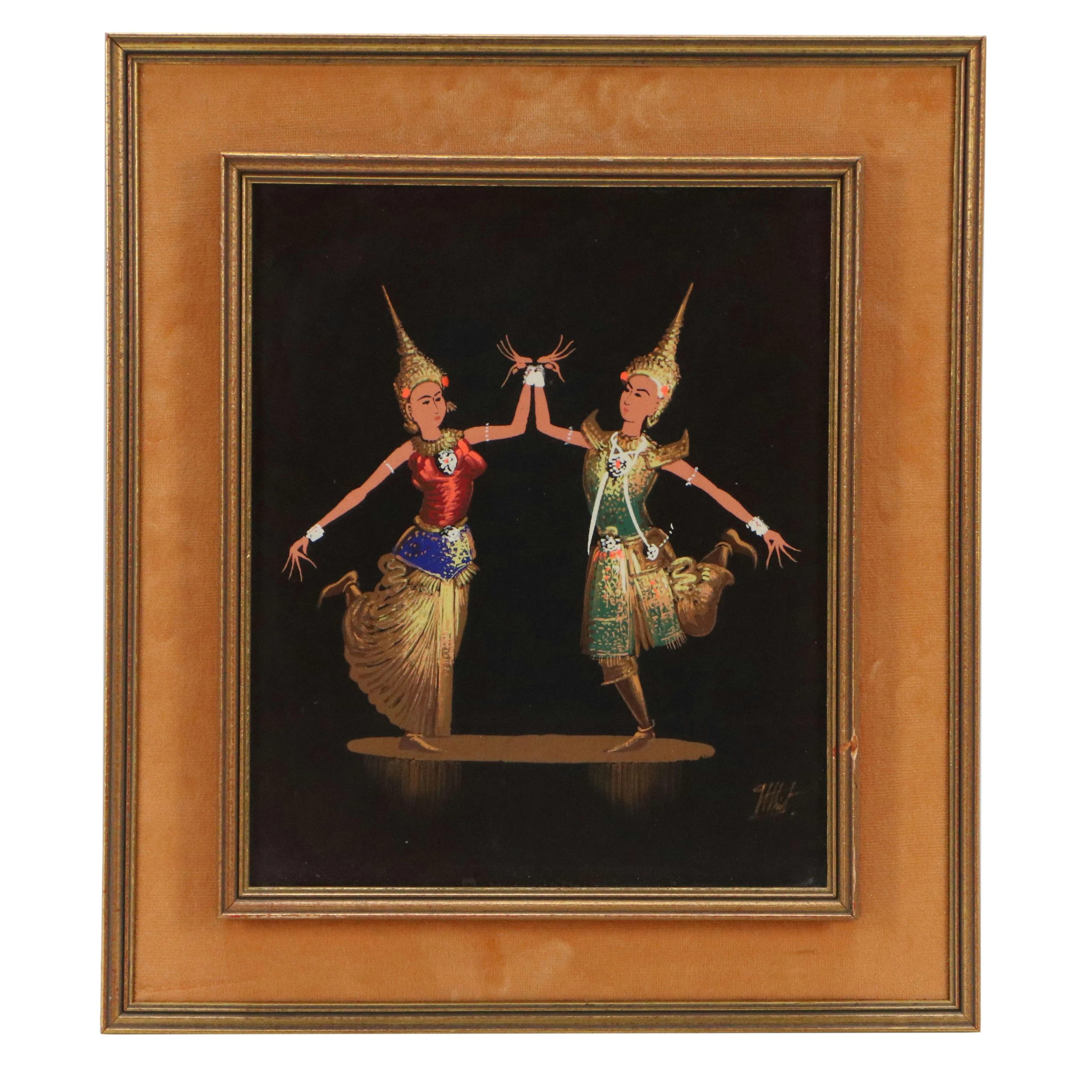 Thai Folk Art Gouache Painting of Ceremonial Dancers