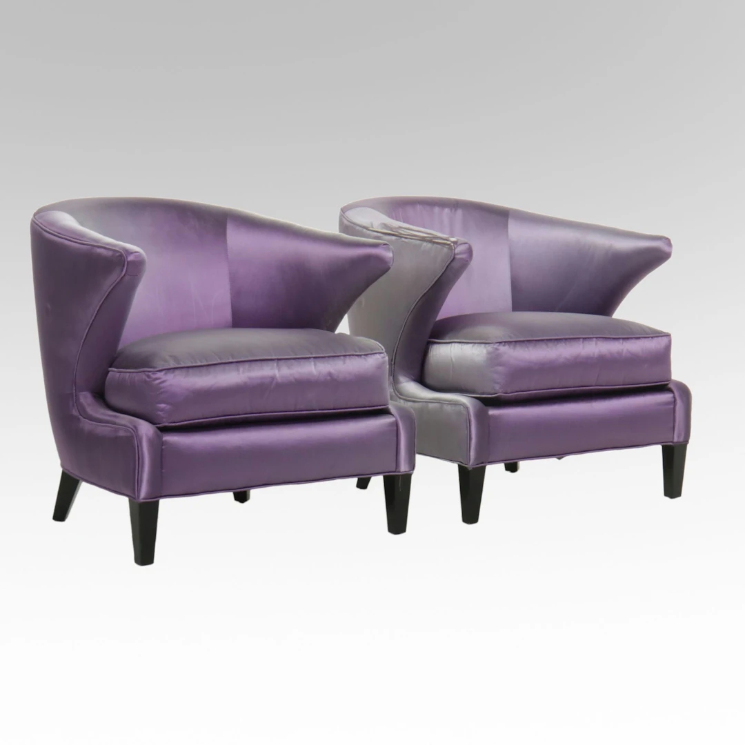 Pair of Thayer Coggin Postmodernist Upholstered Barrel-Back Armchairs