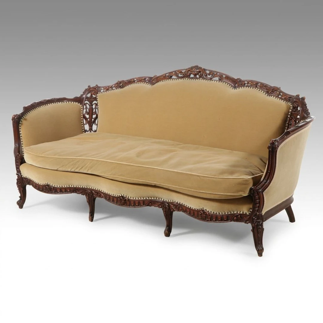 Victorian Rococo Style Carved Wood and Mohair Sofa, Early 20th Century