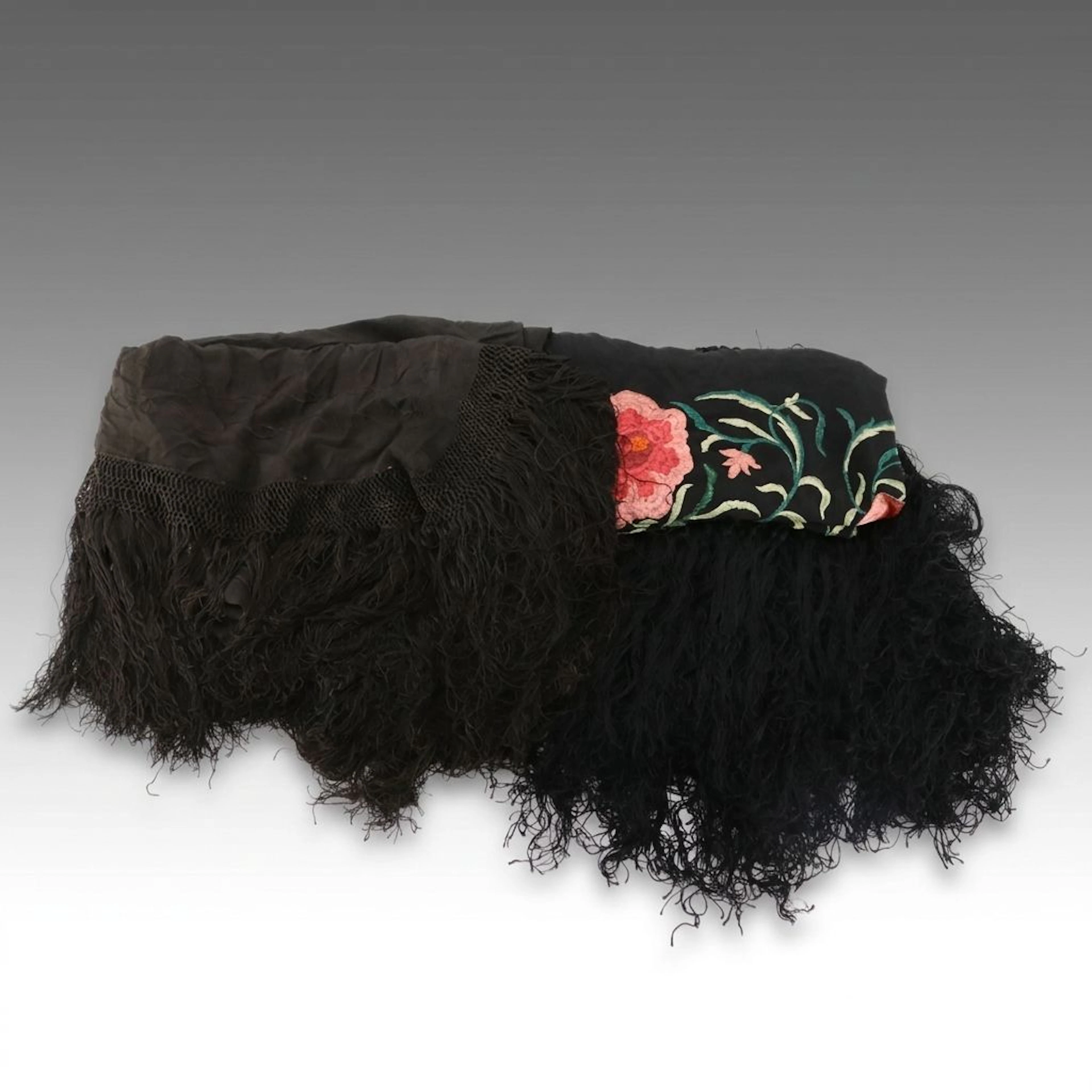 Multicolor and Black Floral Embroidered Piano Shawls with Macramé Fringe