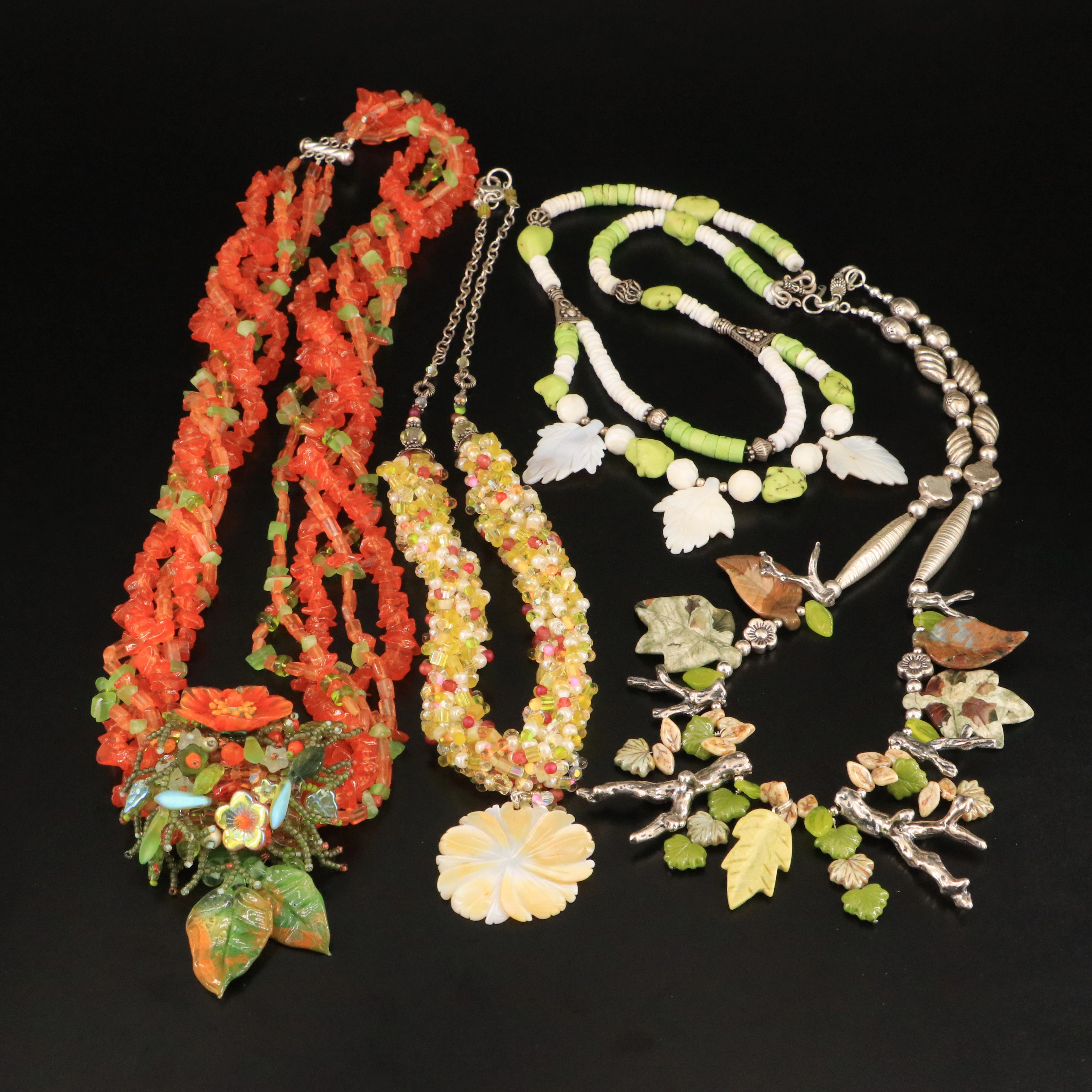 Sterling Botanical Necklaces Featuring Jasper and Mother-of-Pearl