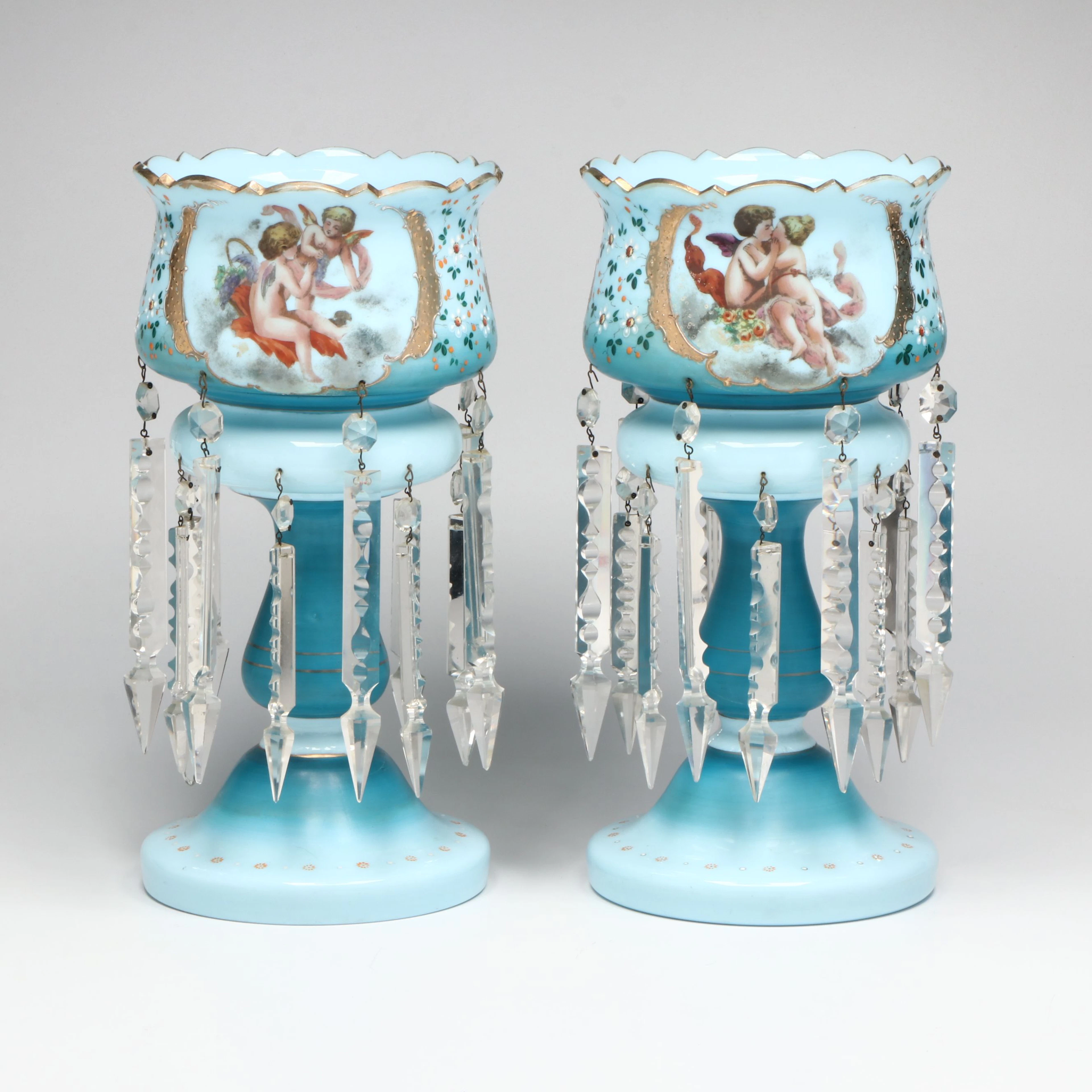 Victorian Blue Milk Glass Mantel Lusters with Hanging Prisms, 19th C.