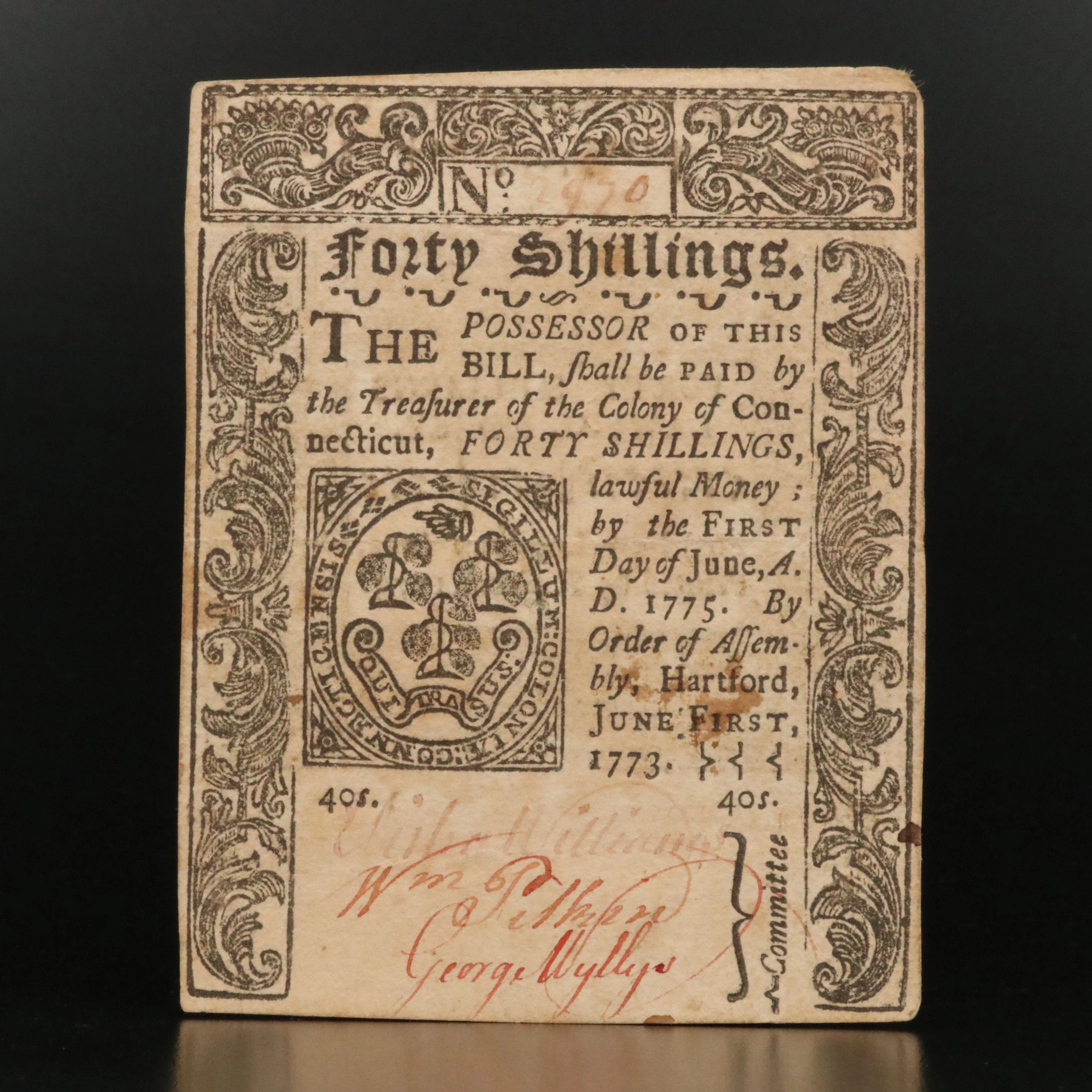 1773 Connecticut 40 Shillings Colonial Currency Note