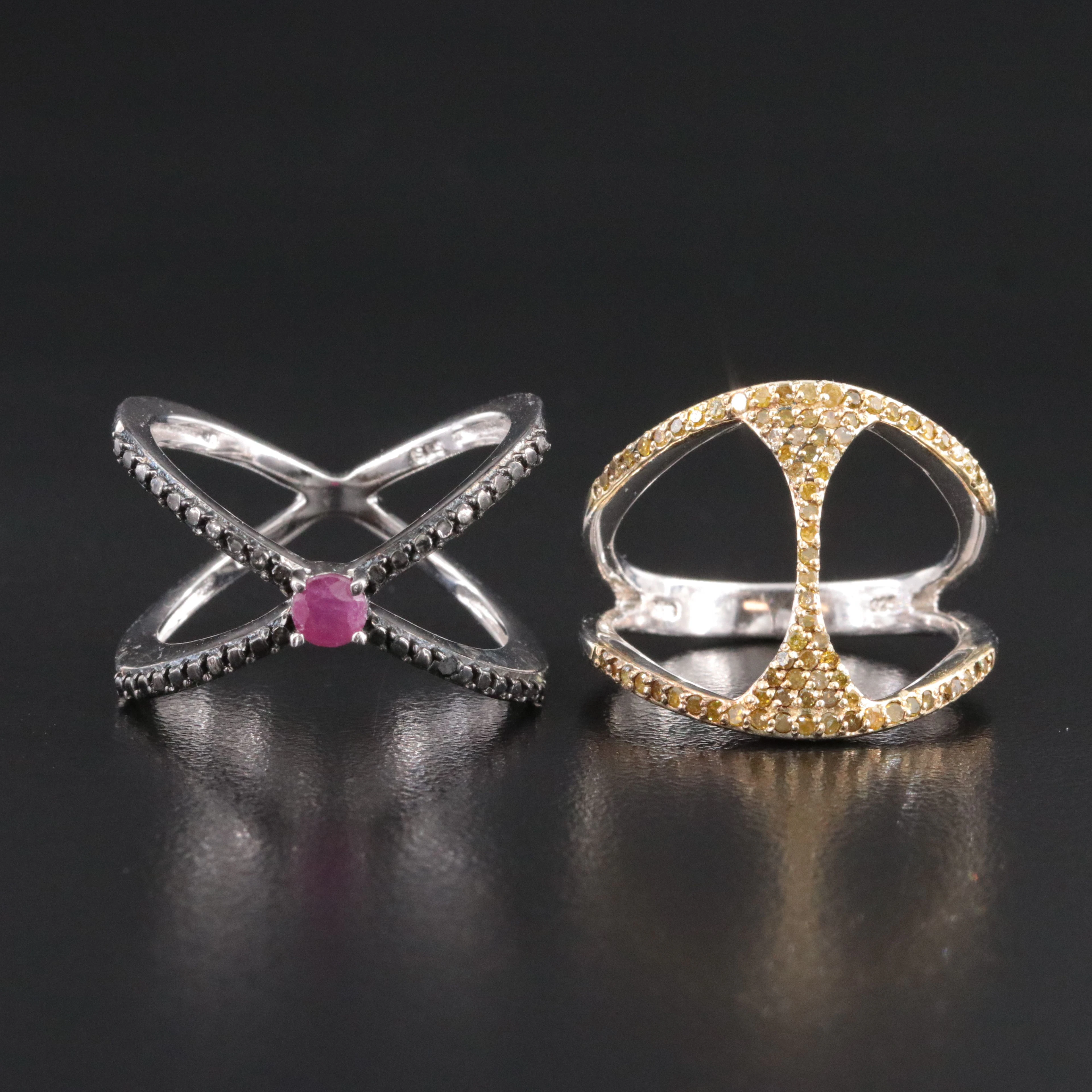 Sterling Rings Featuring Ruby, Fancy Yellow and Black Diamonds