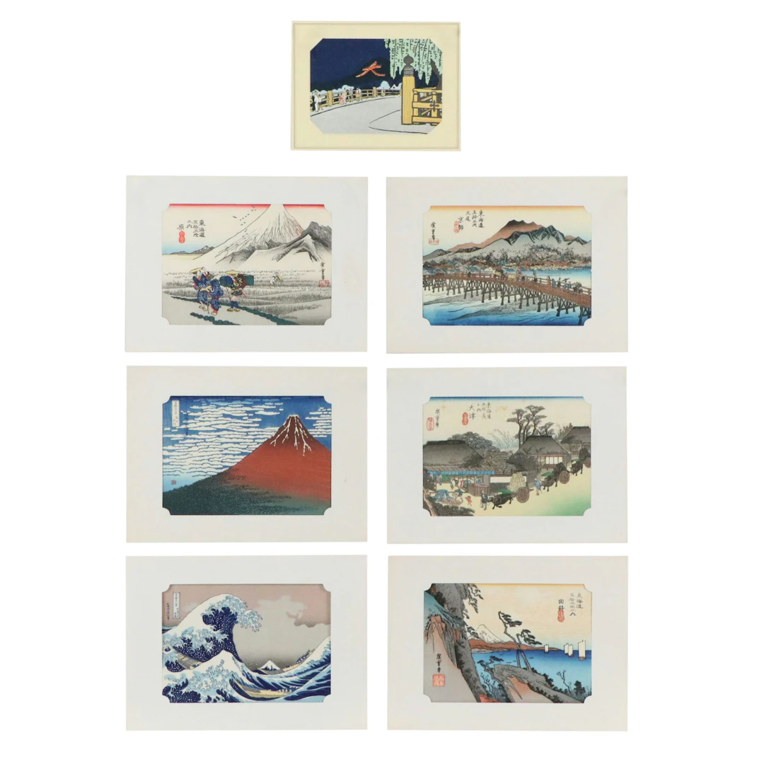 After Katsushika Hokusai Ukiyo-e "The Great Wave" and Other Souvenir Woodblocks